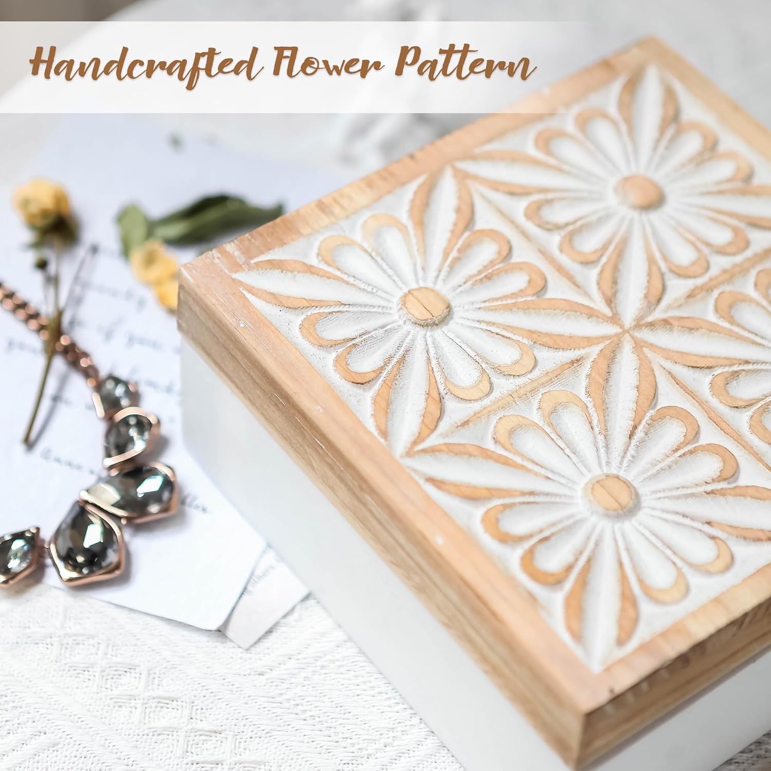 Small Decorative Box with Lid Wooden Keepsake Storage Box Carved Flower Handmade Jewelry Box Rustic Trinket Box Table Organizer - 7.1 x 7.1 x 3.2 Inches - Image 5
