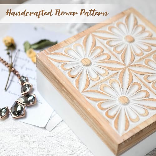 Miniatura 5 de Pequeña caja decorativa con tapa, caja de almacenamiento de recuerdos de madera, flor tallada, hecha a mano, joyero rústico para baratijas,