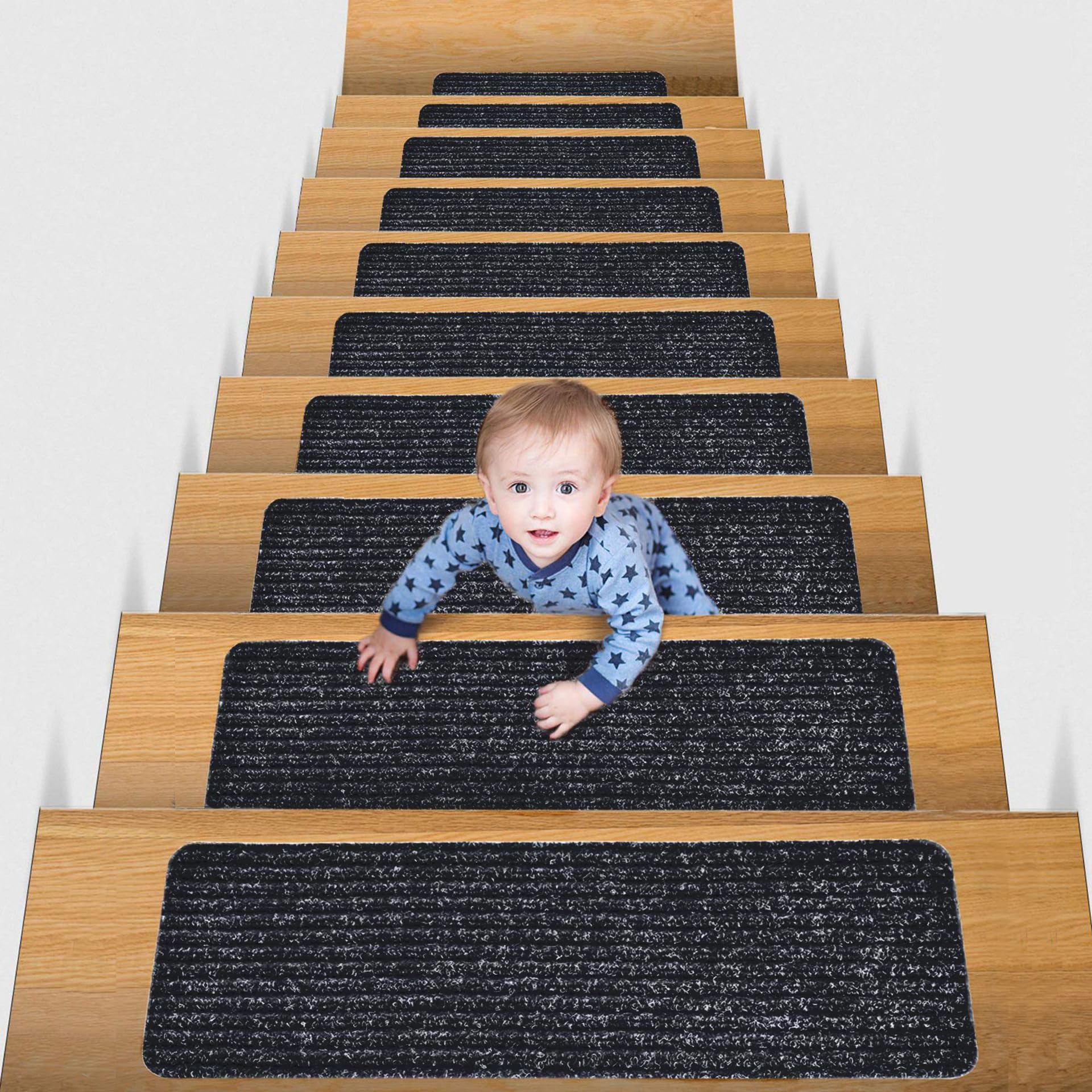 Hoquare 14pcs Carpet Stair Treads, Edging Non Slip Stair Mats, Step Runners Staircase Protection Cover, Washable Stair Carpet Treads for Kids, Elders, Pets (Black Stripe)