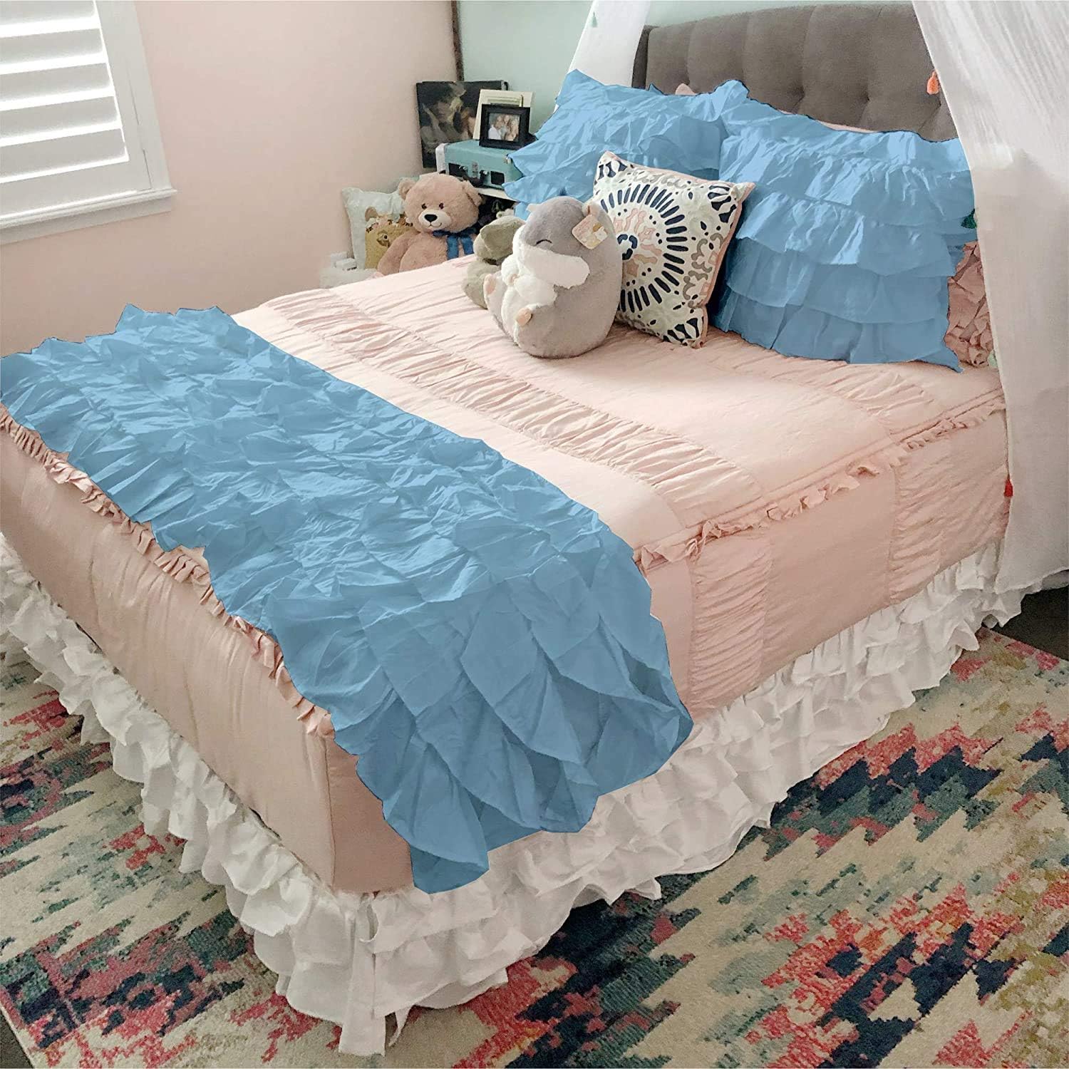 Ruffled Bed Runner Soft 800-Thread Count 100% Egyptian Cotton 5 Piece (1 Bed Runner and 4 Pillow Shams) Queen Size (88" x 18") Decorative Bed Scarf [Light Blue Solid]