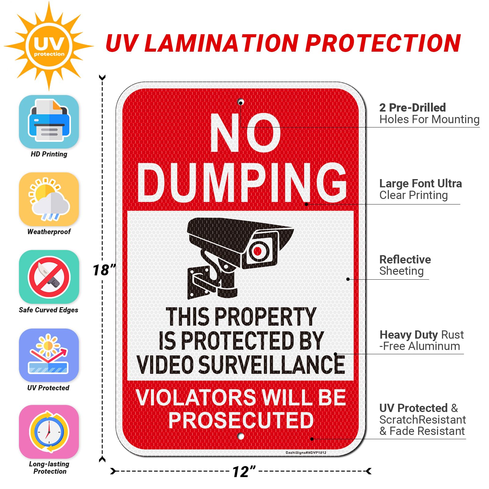 Letrero de no dumping con texto en inglés "No Dumping Property Protected By Video Surveillance", paquete de 2 unidades, 18 x 12 pulgadas, aluminio reflectante de grado ingeniero, resistente a la