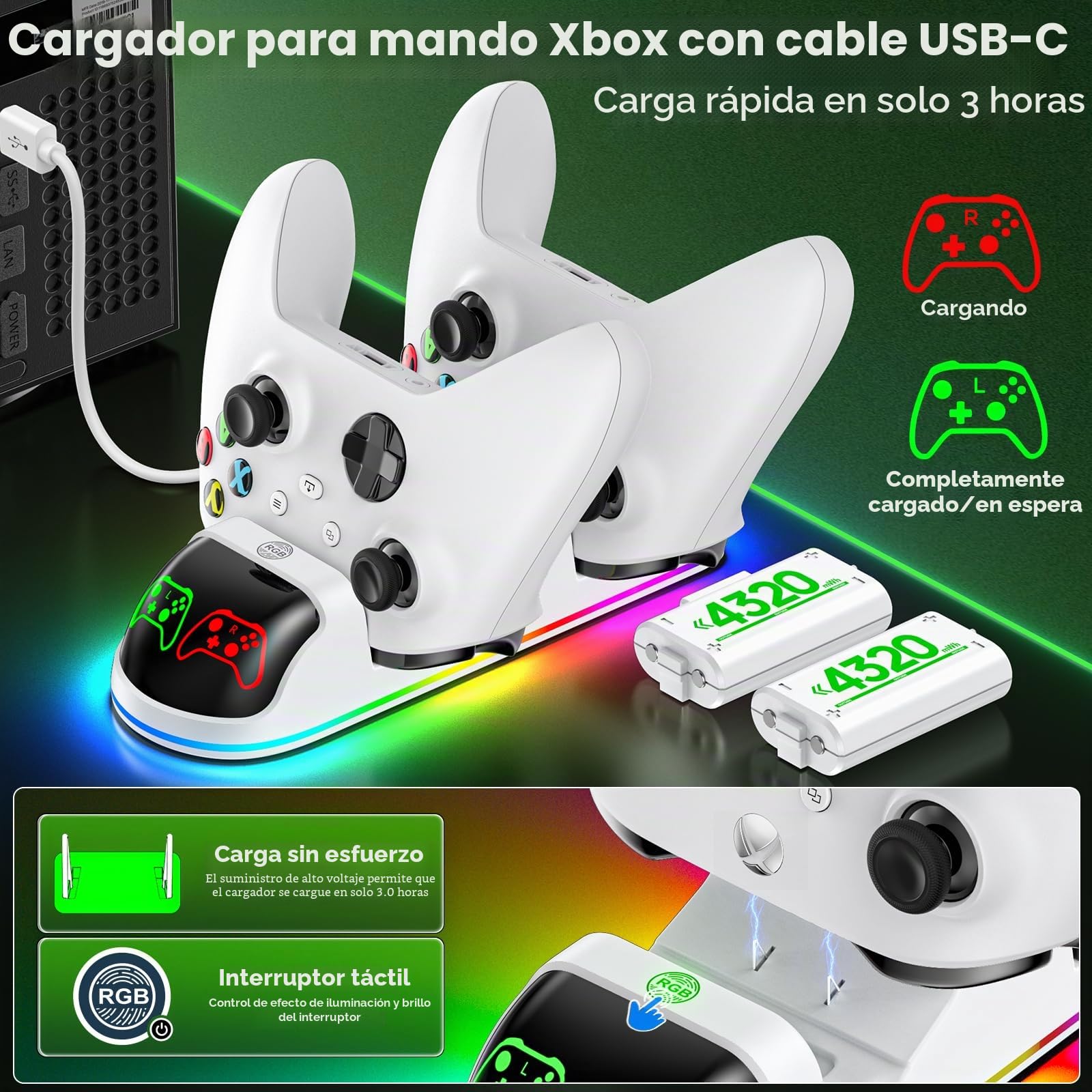 OIVO Cargador con 2 Baterías Recargables para Xbox One/Xbox Series X/S Mantel, Estación de Carga con 2 x 4320mWh Baterías Recargables