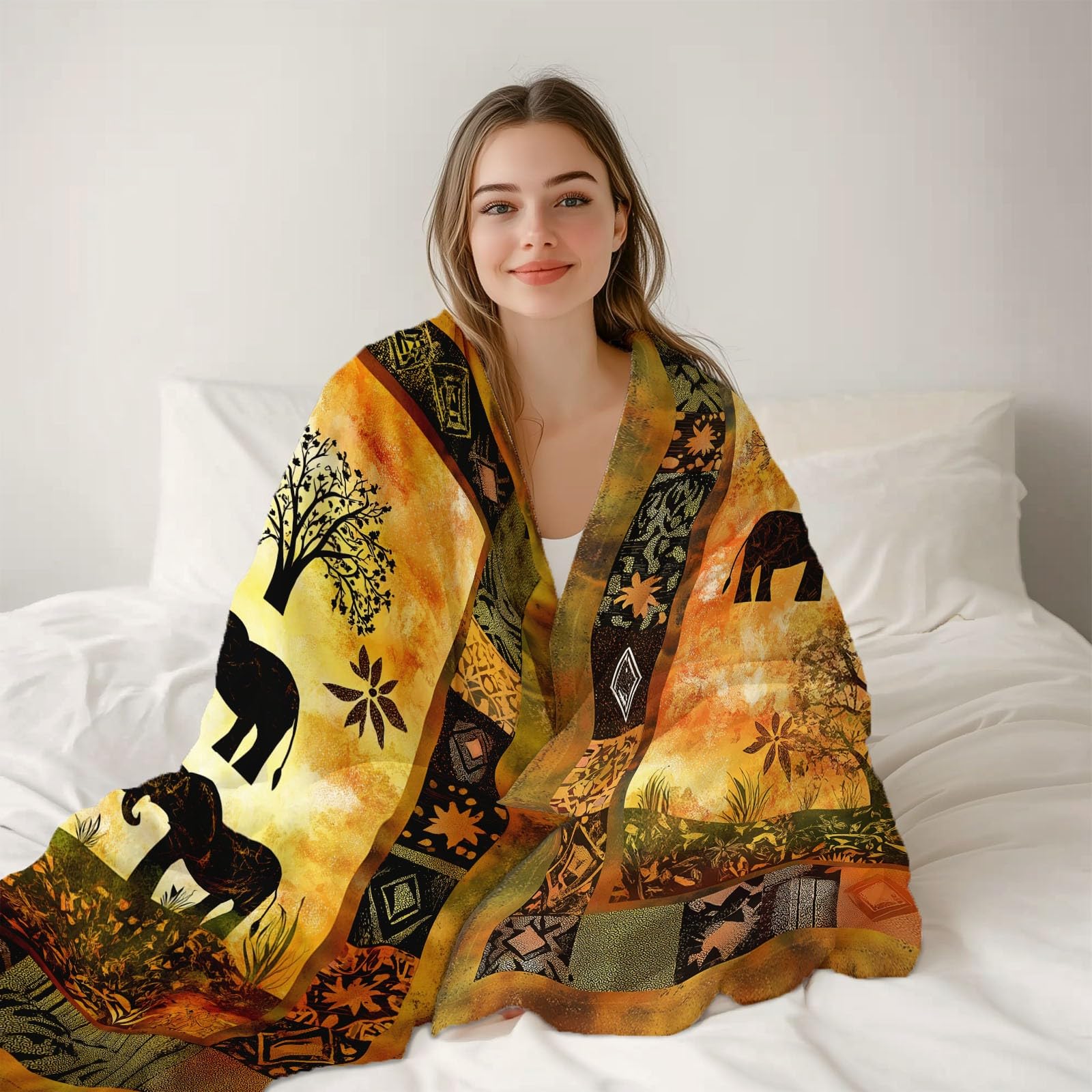 Afrikanische Safari Kuscheldecke mit Elefanten Motiv, Warme Wohndecke Gelb Orange Braun, Tribal Muster Bordüre mit Baum & Tier Design, Flauschige Flanell Decke 180×200 cm für Sofa & Bett