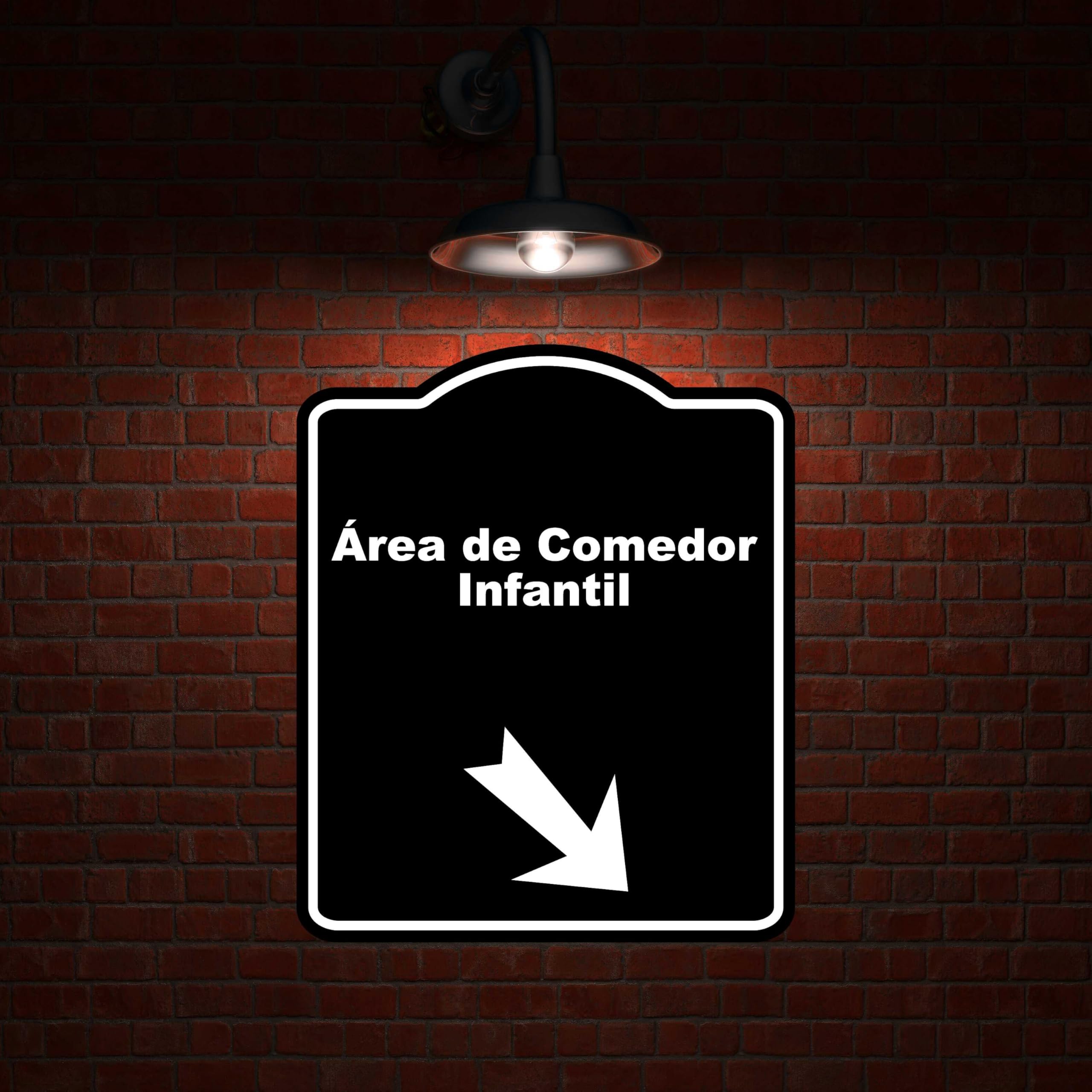 Área de Comedor Infantil Spanish Black Sign Arrow Down Right Aluminum Composite Sign 20 x 24 inches