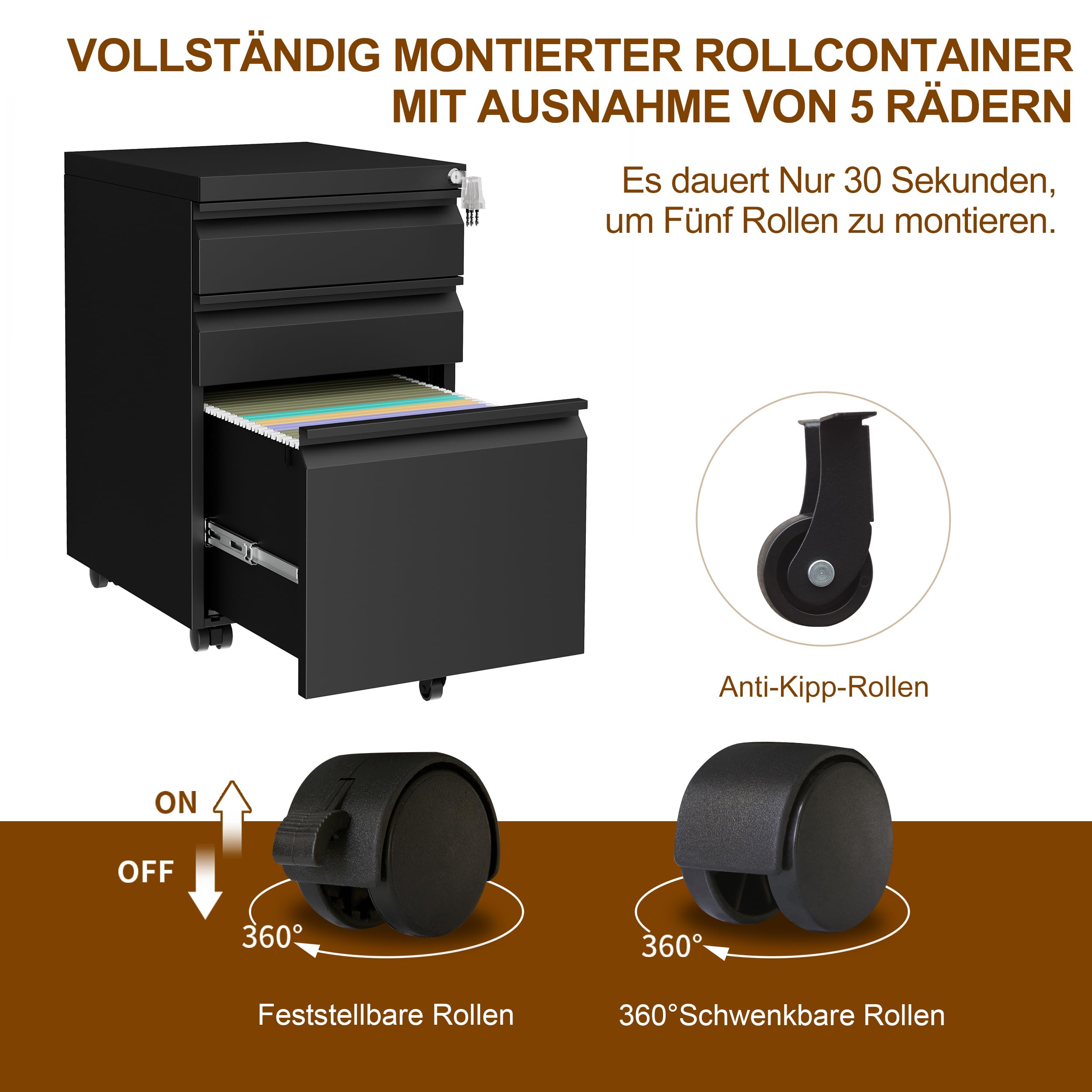 Rollcontainer, Aktenschrank Abschließbar mit 4 Schlüsseln, Aktenschrank unter Schreibtisch, mit 3 Schublade, Vormontiert, Abschließbarer, Büro, Homeoffice, für A4/Legal/Letter