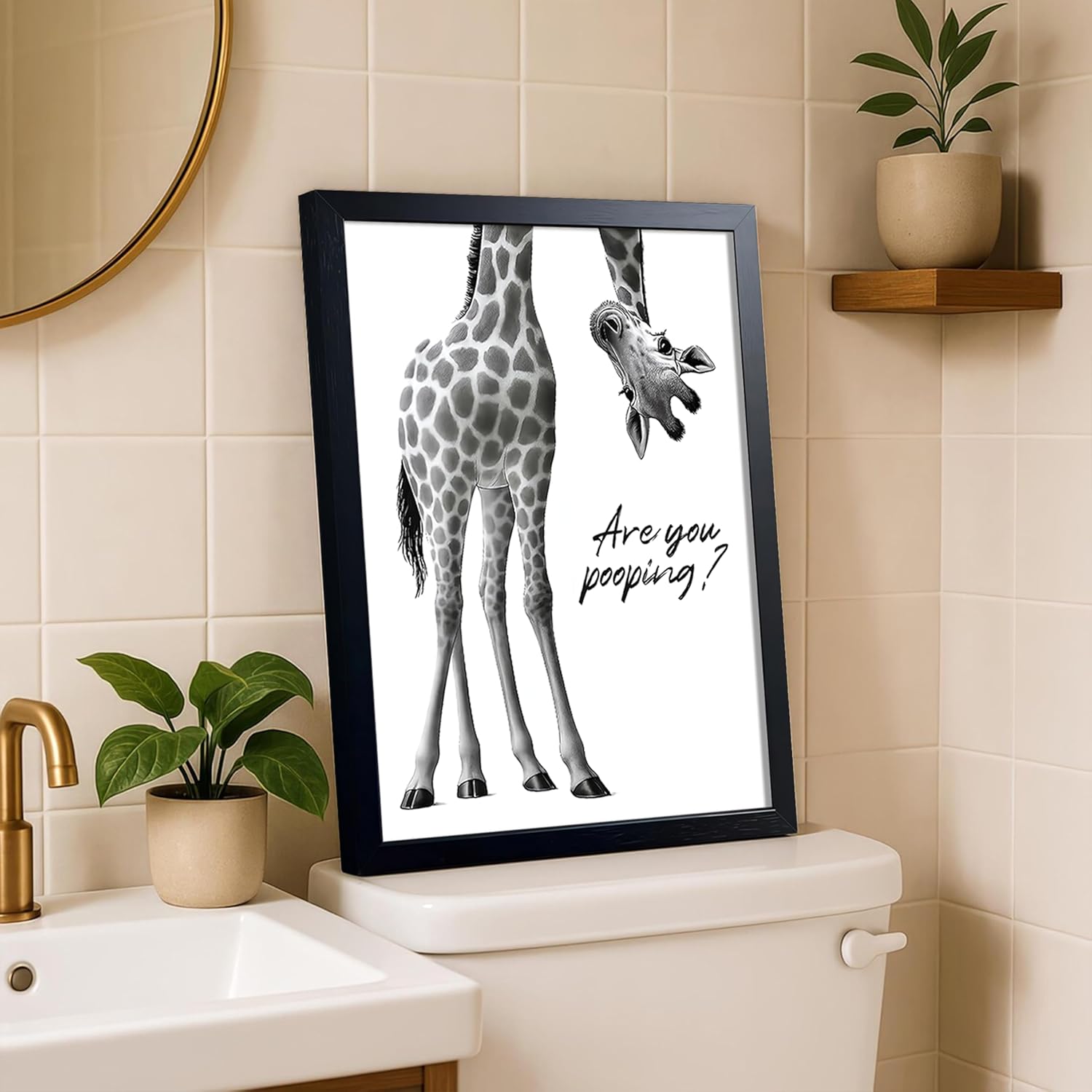 Funny Giraffe Bathroom Wall Art Rustic Farmhouse Are You Pooping Sign Cute Animal Canvas Print for Bathroom Decor Black Framed Giraffe Pictures Wall Art for Restroom Home24x16in