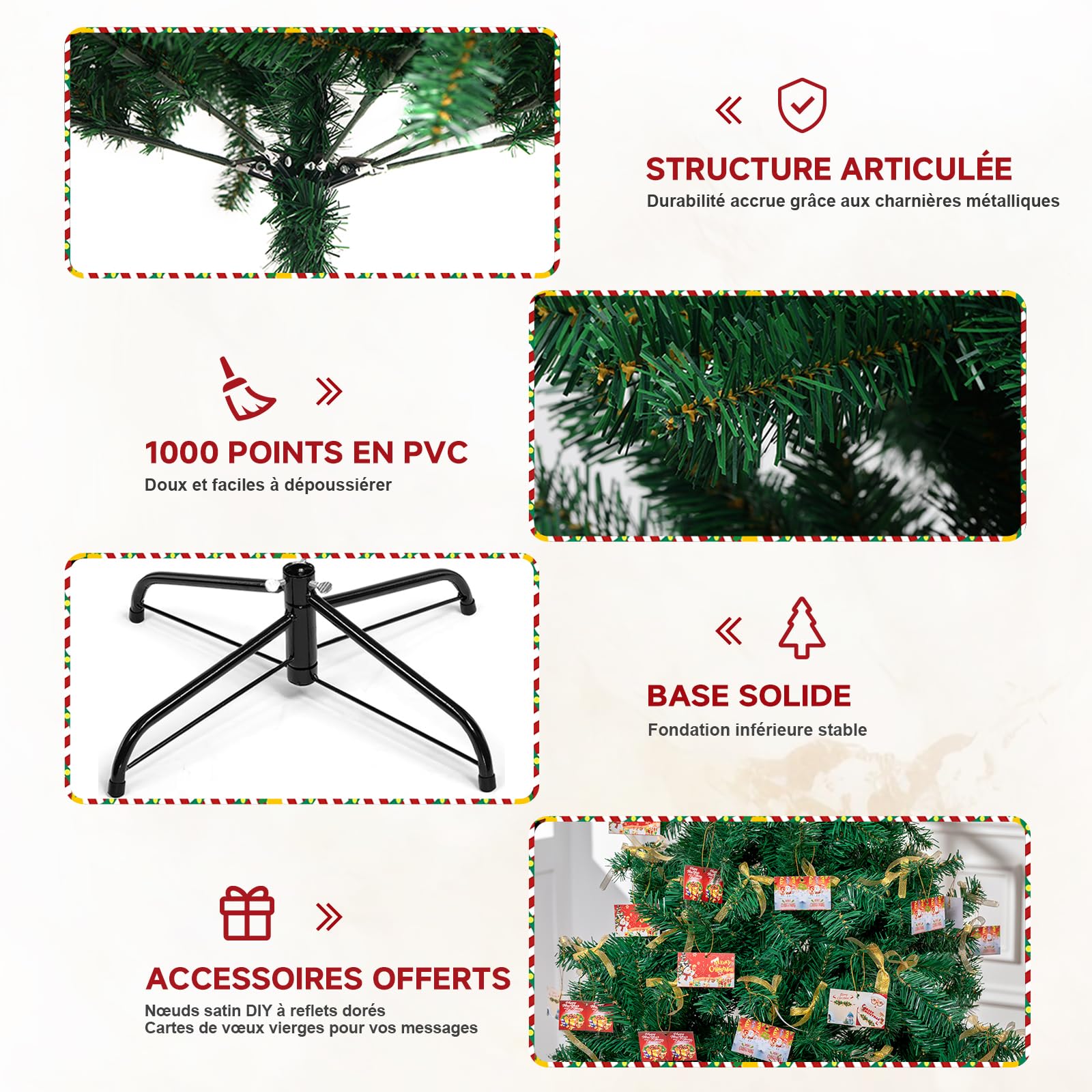 COMHOMA Sapin de Noël Artificiel Haut de Gamme 195cm avec Support - Système de Montage Rapide, Aspect Naturel et Épais - Inclut Cartes DIY et Rubans,Vert