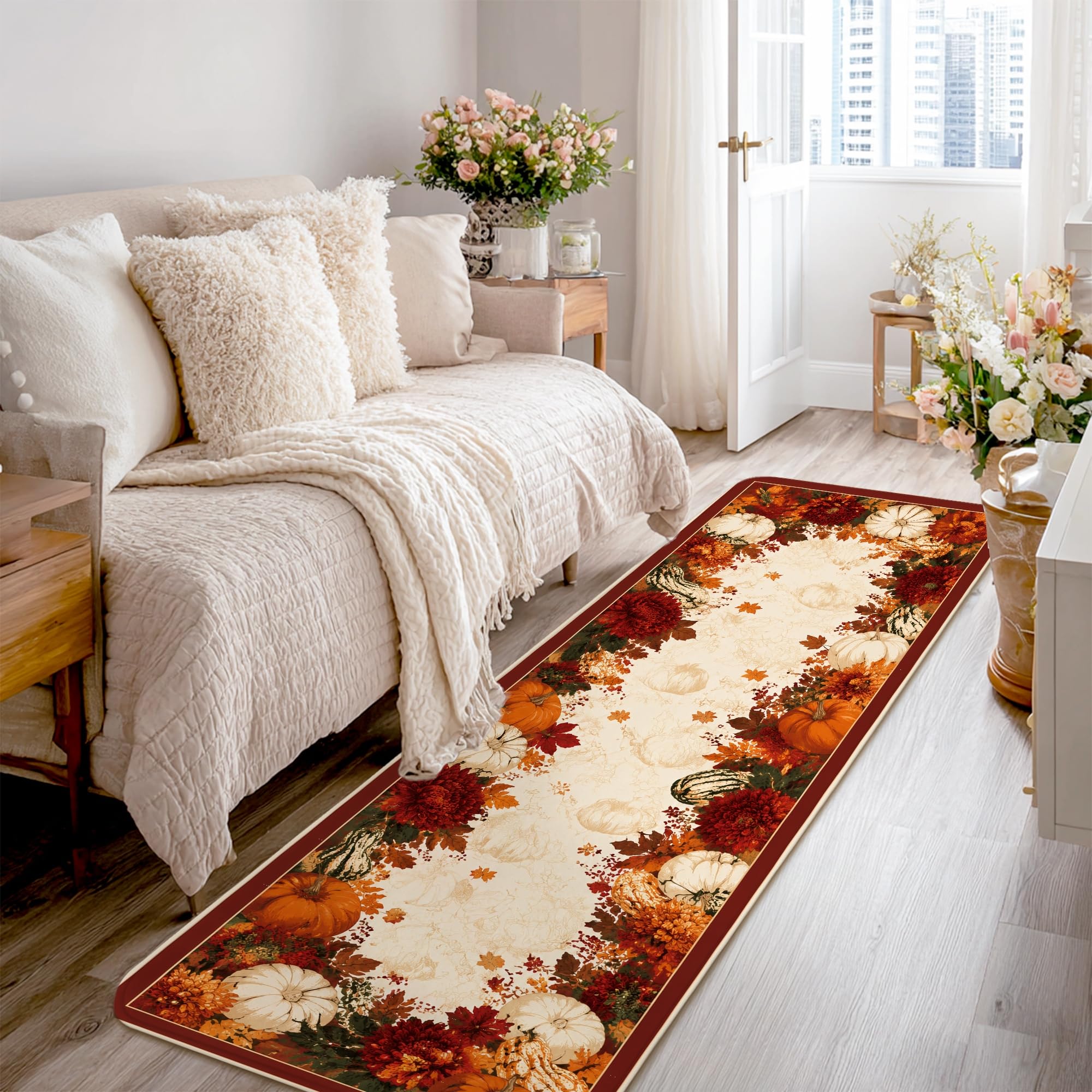 Alfombra de pasillo de calabazas para decorar la entrada de casa este otoño con estilo rústico