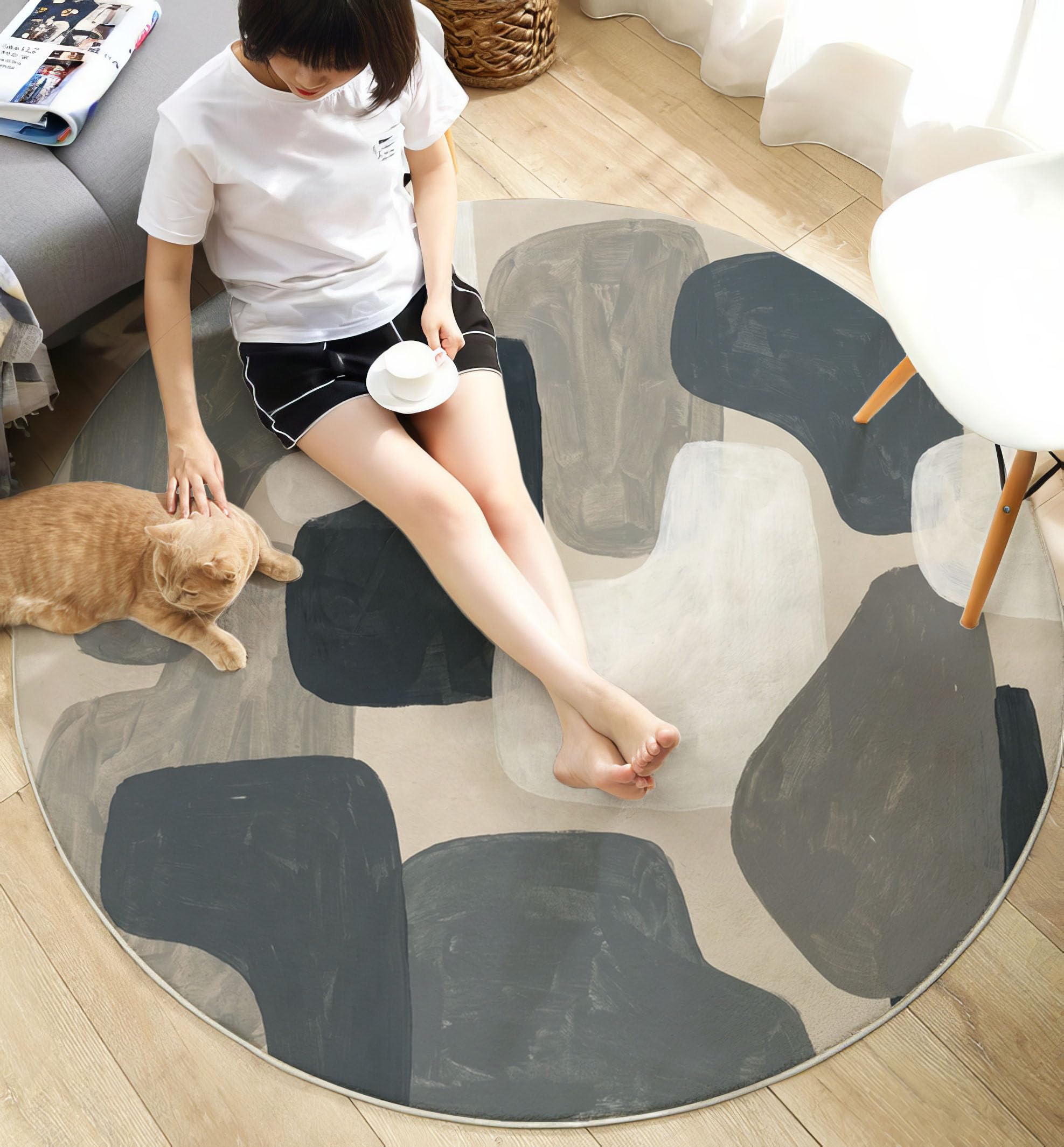 Tapis Rond Blocs De Couleur Irréguliers 100cm, Minimalisme Nordique Lavable en Machine Tapis Rond pour Salon, Antidérapant, Imprimé pour Salle à Manger, Chambre, Nurserie, Gris-Brun