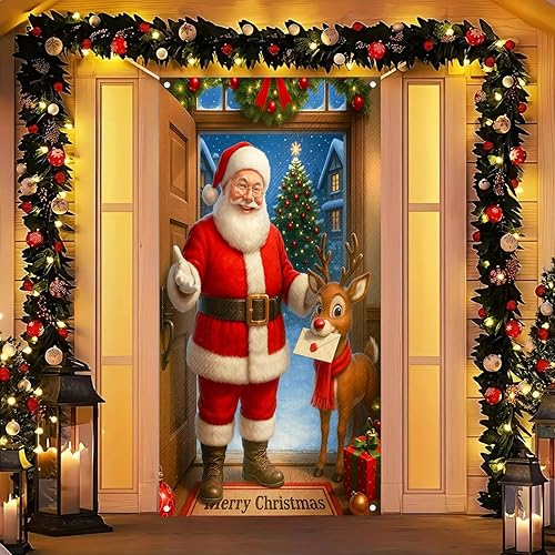 Cubierta de puerta de Feliz Navidad de 71 x 35 pulgadas, decoración de invierno con texto en inglés "Merry Christmas", árbol de Navidad para