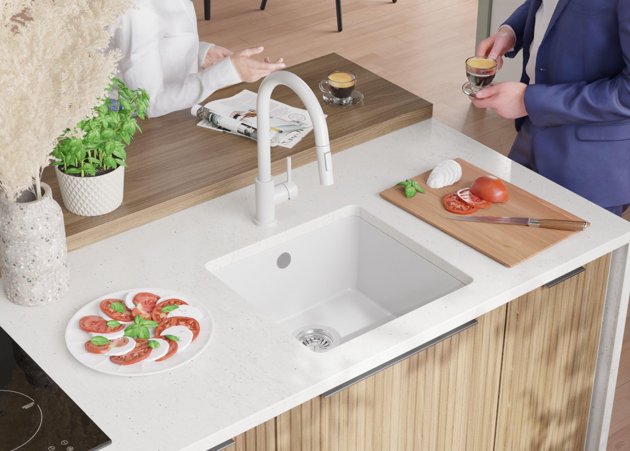 PRIMAGRAN Fregadero bajo Encimera Blanco - Venecia Easy, 46x44cm | Cocina 1 Seno + Sifón, Granito al Mueble 50cm (S028)