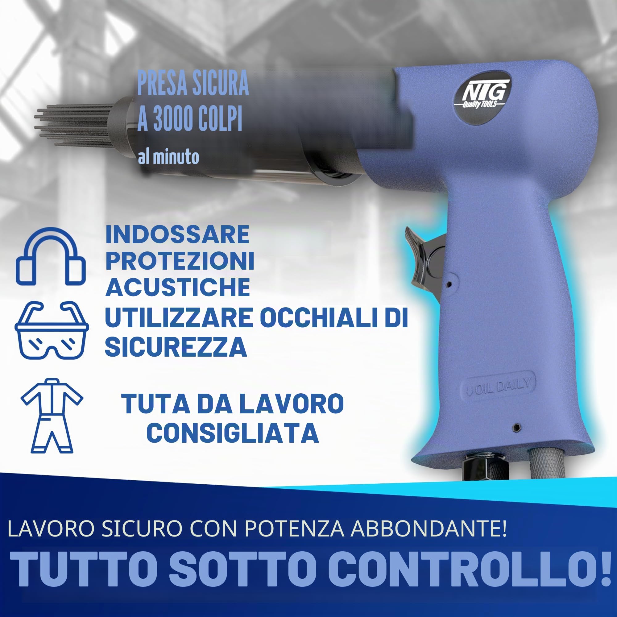 NTG ago scaler ad aria compressa - sverniciatore e antiruggine con 19 aghi (Ø 3 mm, lunghezza 180 mm), rimozione rapida della ruggine per metallo, auto e officina, strumento ad aria compressa