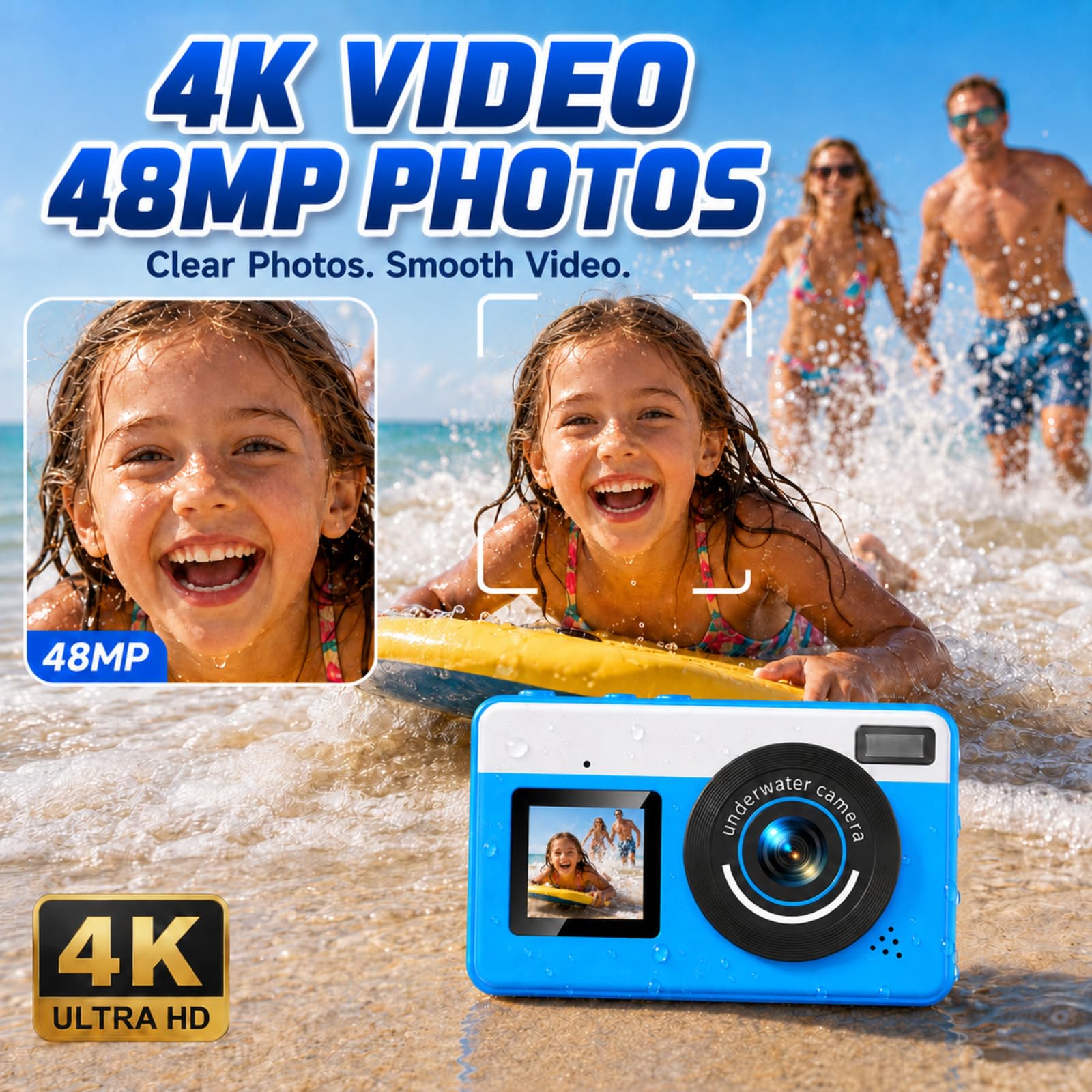 Maxmango D70 Unterwasserkamera 4K 48MP Dual-Screen Digitalkamera mit Autofokus 18X Zoom wasserdicht 10FT