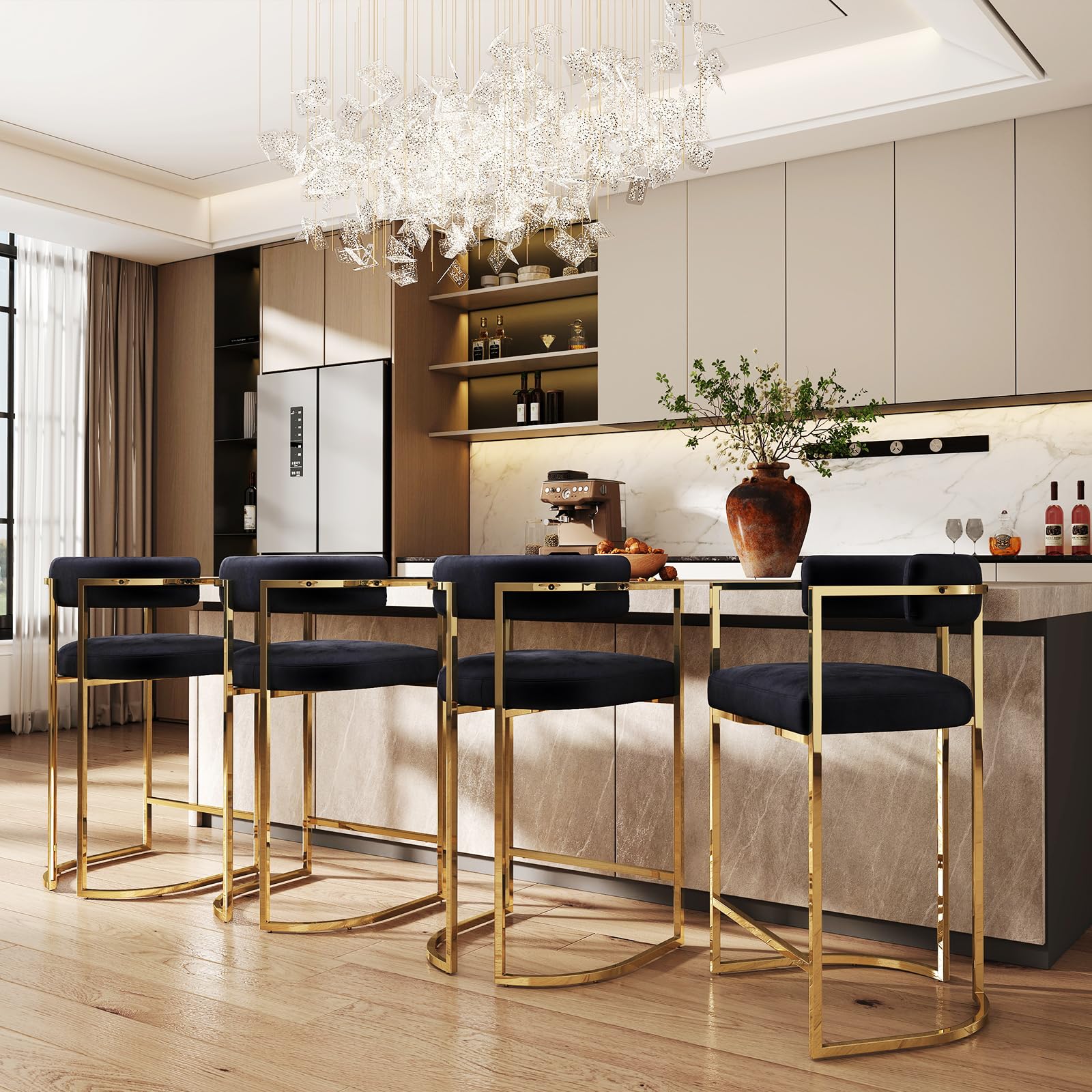 ChicAura 26'' Seat Height Velvet Bar Stools Set of 4, Counter Height Bar Stools with Gold Metal Frame and Footrest, Upholstered Barrel Barstools for