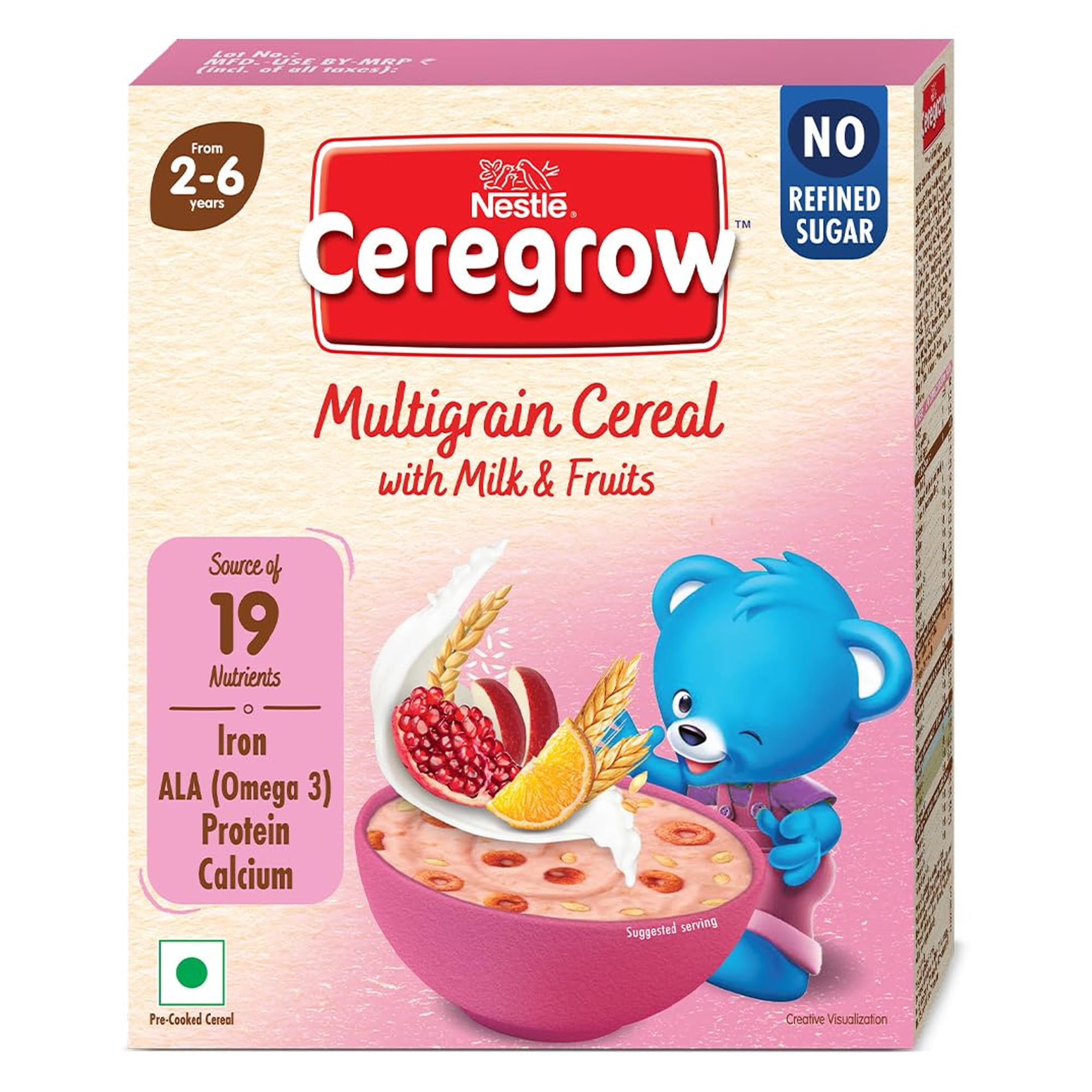 Ceregrow Multigrain, Milk & Fruits Cereal | No Refined Sugar | with Iron, Omega 3, Protein, Calcium | 19 Nutrients | 300g, Bag-in-Box Pack