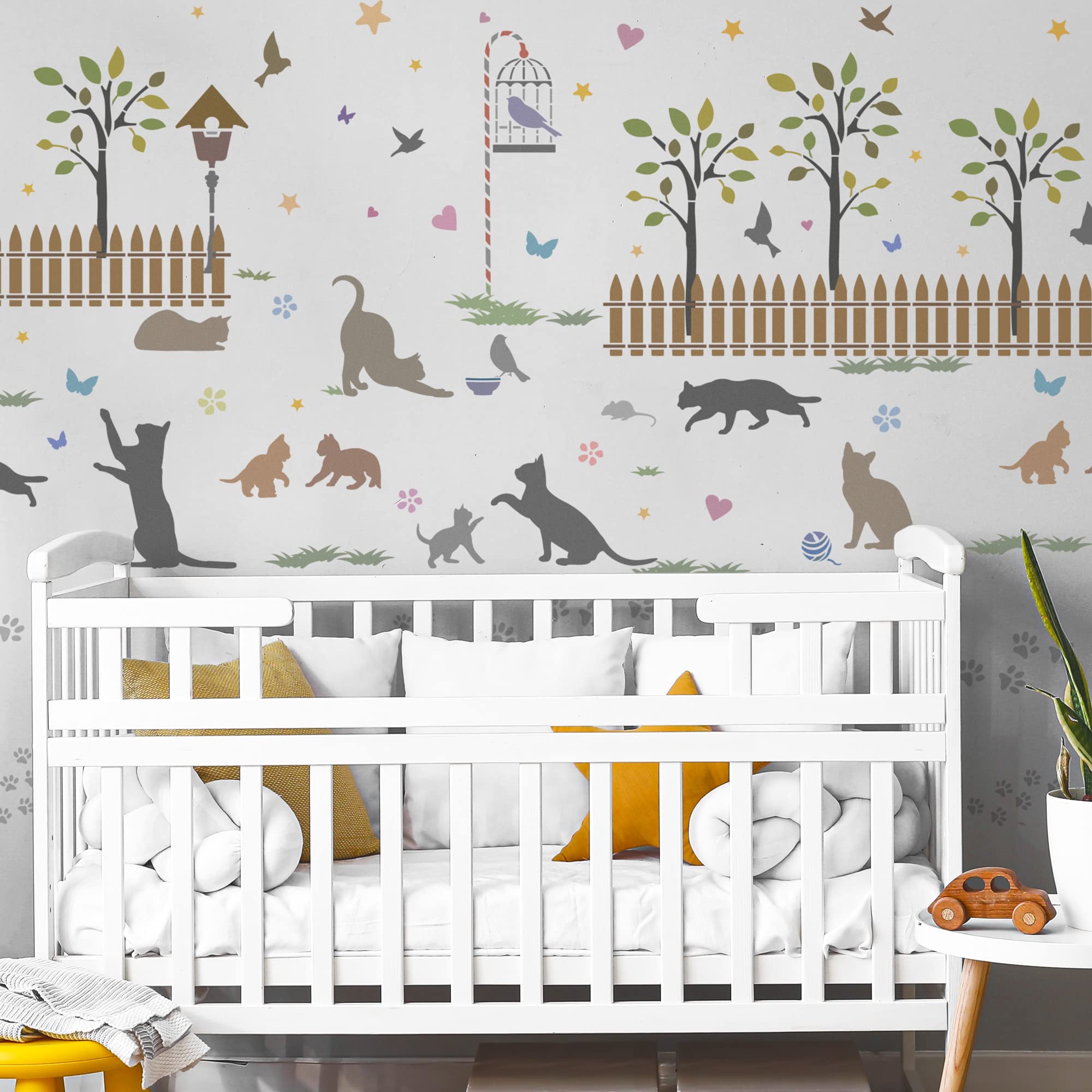 NAKLEO Schablonen Malen für Kinderzimmer, 14 Stück Set 9x12 bis 23x34cm Katzen Tiere, Wiederverwendbare Kunststoff Malvorlage Raumdekoration, Basteln DIY Wand Möbel Papier Stoff