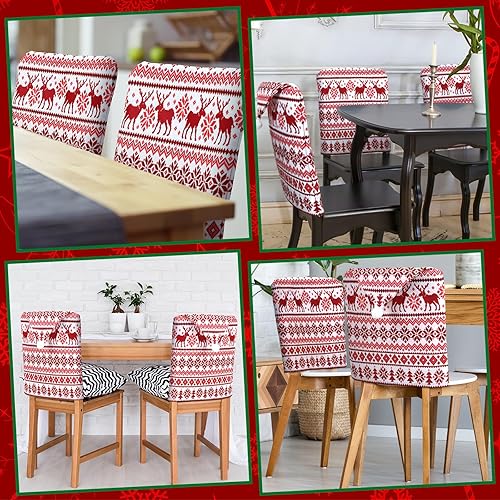 Miniatura 7 de Newwiee Juego de 8 fundas navideñas para sillas de Navidad, fundas para sillas de comedor de Navidad, copos de nieve, alce, fundas rojas para sillas