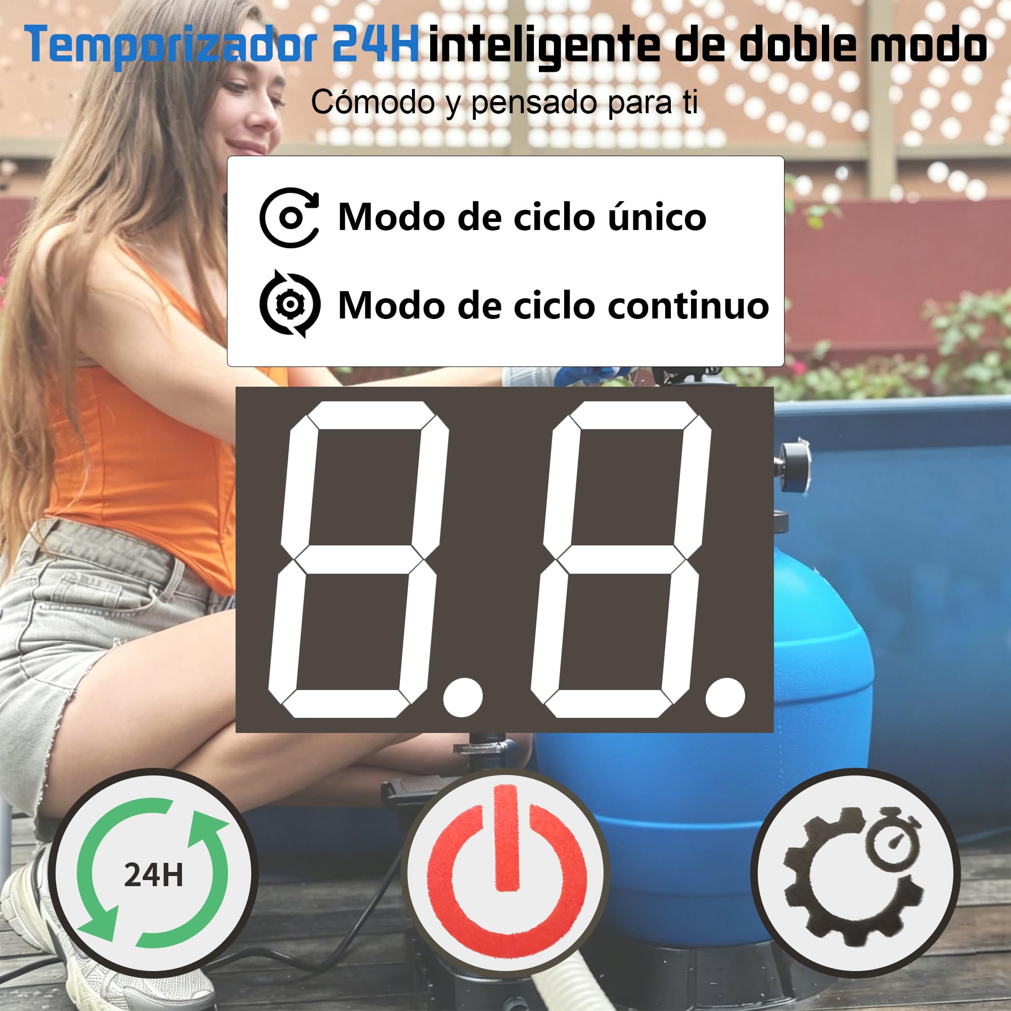 FOTING Depuradora de Arena con Temporizador 24 h – 14.000 L/h, Filtro de Piscina con Bomba, Válvula de 7 Vías con Manómetro, Adaptador Ø32-38 mm, 200 g de Bolas Filtrantes Incluidas