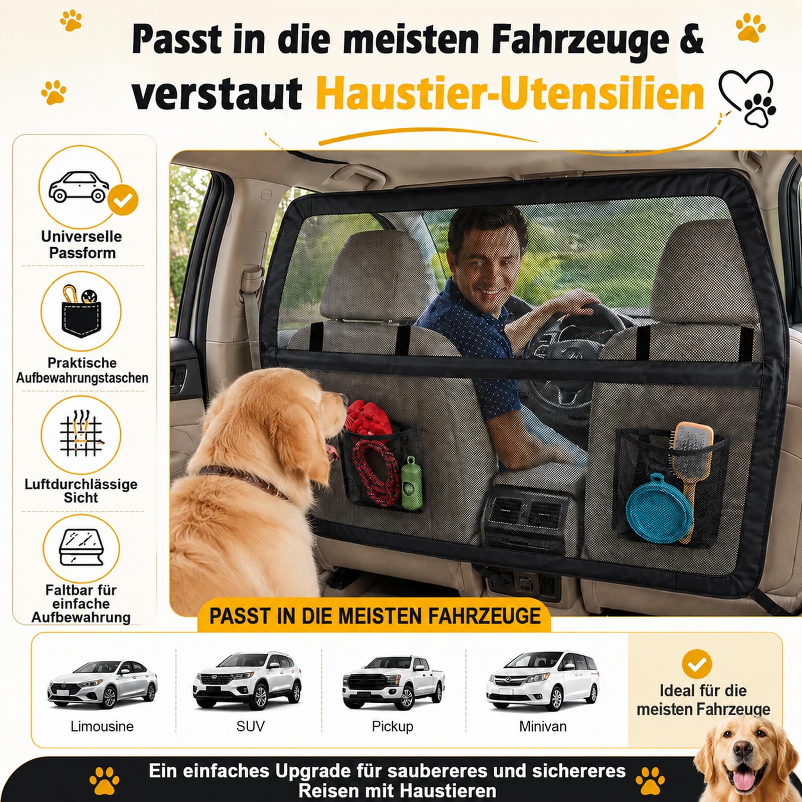 127 x 142 x 81 cm, barrera para perros con marco de metal y red de visión, protección para perros para maletero y asiento trasero con mayor cobertura, universal, para SUV, camiones, vehículos