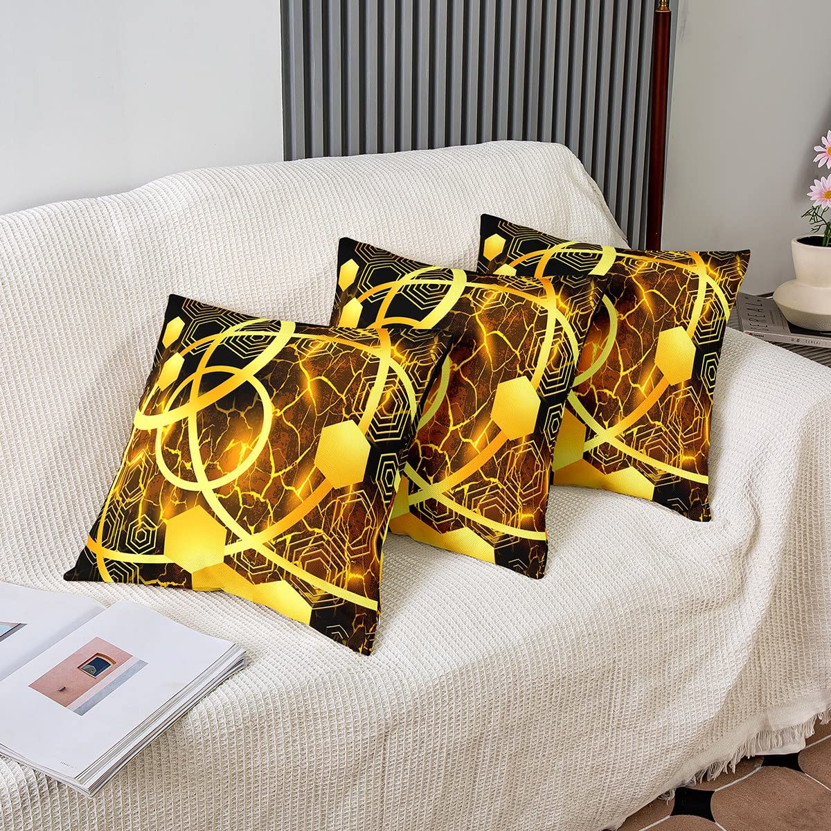Homewish Set 2 Federe Cuscino 40x40 Cm - Motivo Geometrico Nido D'Ape 3D, Colore Giallo E Nero - Cuscini Decorativi Moderni