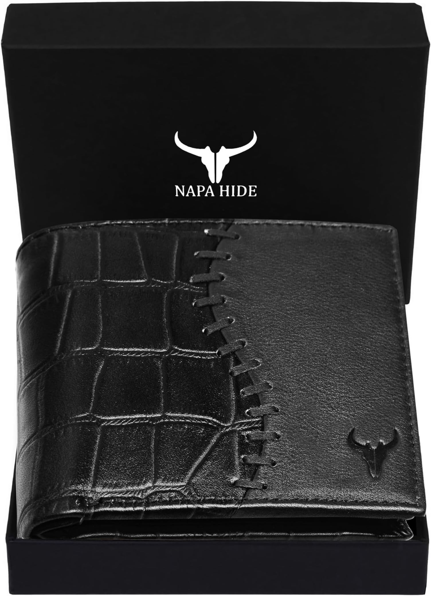 Black Leather Wallet for Men I 4 Card Slots I 2 Currency Compartments I 1 ID Window I 3 Secret Compartments I External Card Slot I 1 Coin Pocket