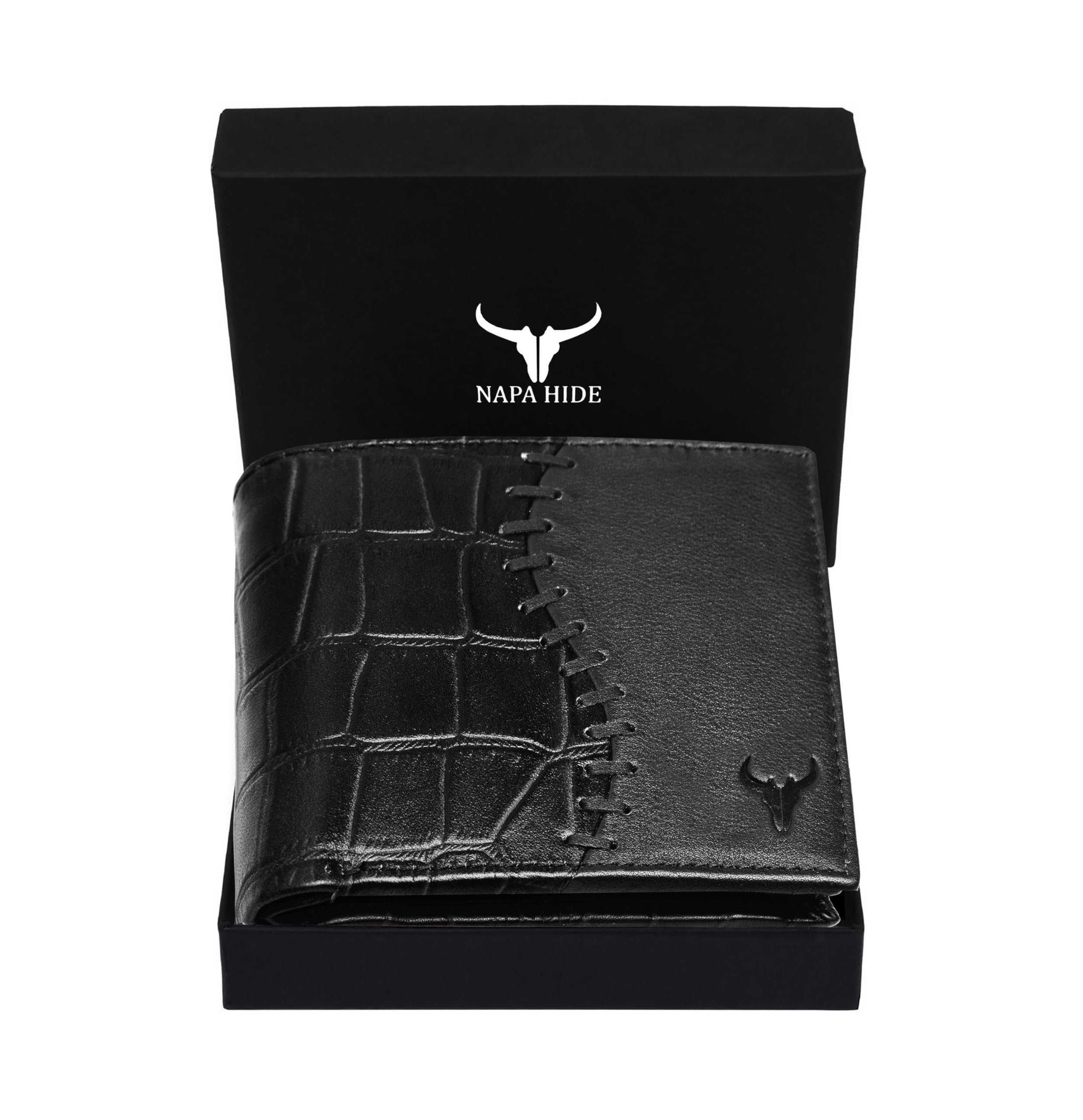 NAPA HIDE Black Leather Wallet for Men I 4 Card Slots I 2 Currency Compartments I 1 ID Window I 3 Secret Compartments I External Card Slot I 1 Coin Pocket
