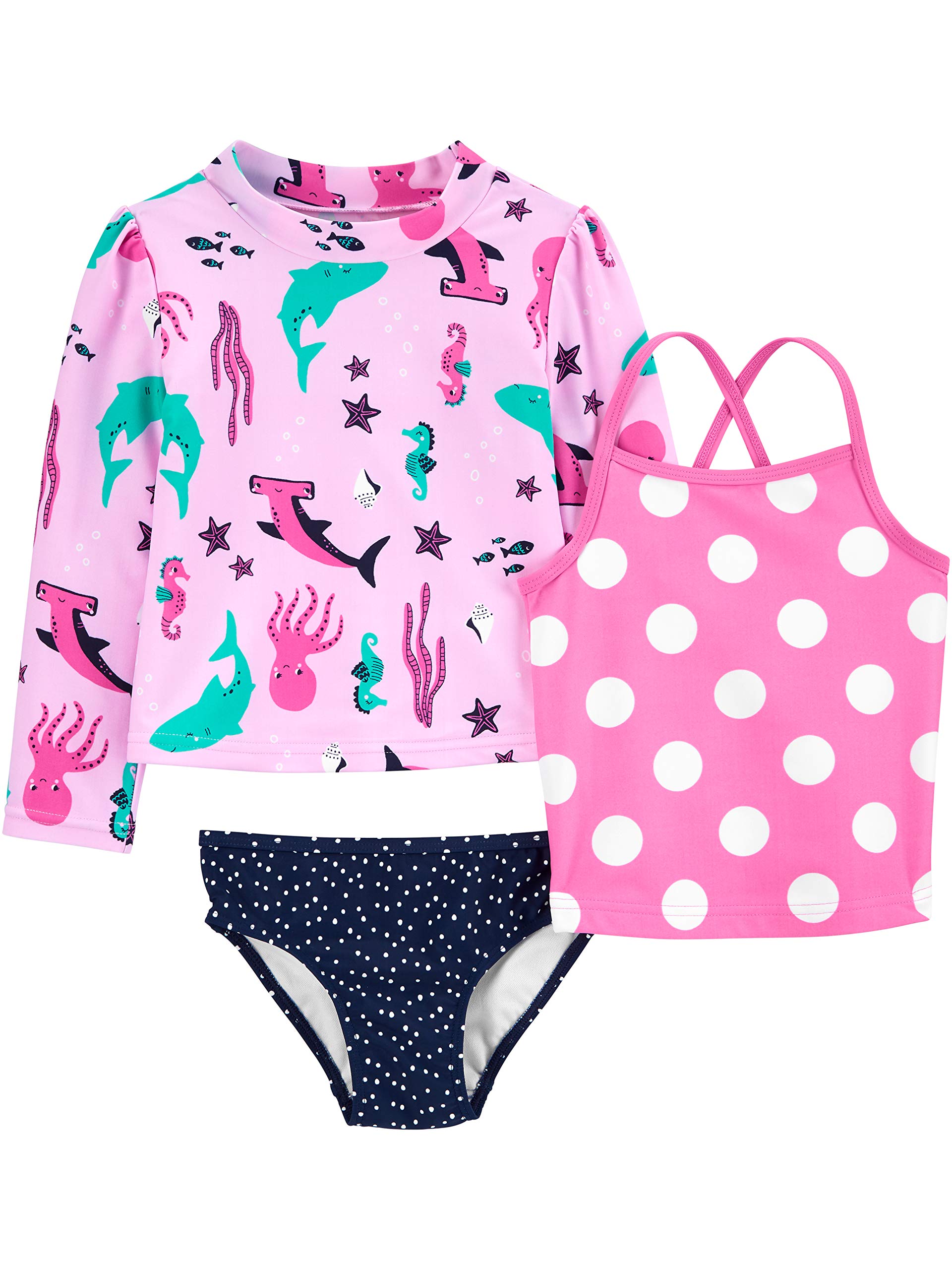 Simple Joys by Carter's Girls' 3-Piece Assorted Rashguard Sets, Navy Dots/Pink Polka Dot/Sea Life, 18 Months