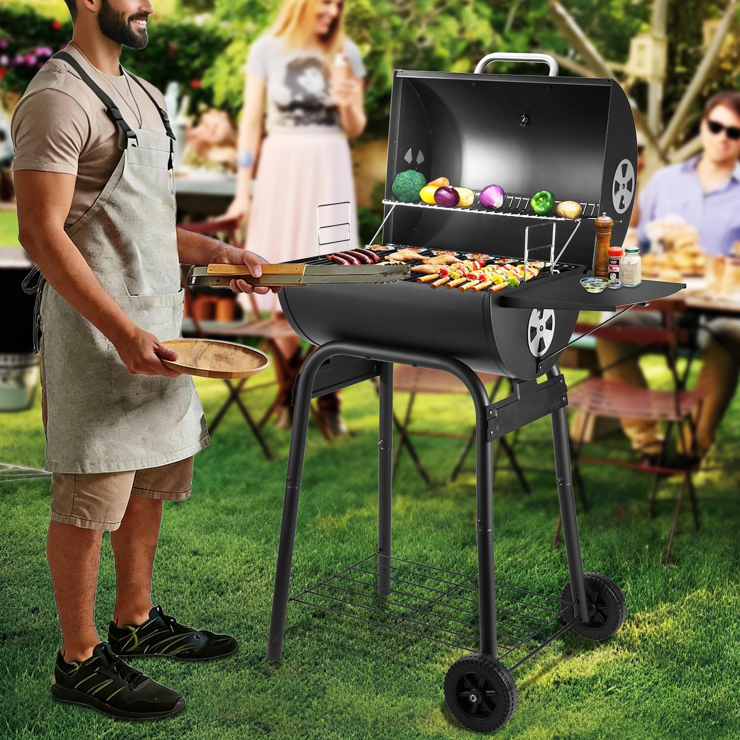 Charcoal Grill Outdoor BBQ Grill, Barrel Charcoal Grills with Side Table, with Nearly 500 Sq.In. Cooking Grid Area, Outdoor Backyard Camping Picnics, Patio and Parties, Black