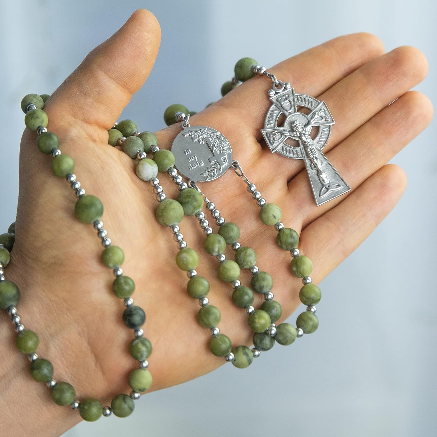 St Patrick Green Jade Rosary, Irish Rosary with Stainless Steel Celtic Cross and Medal - Image 6