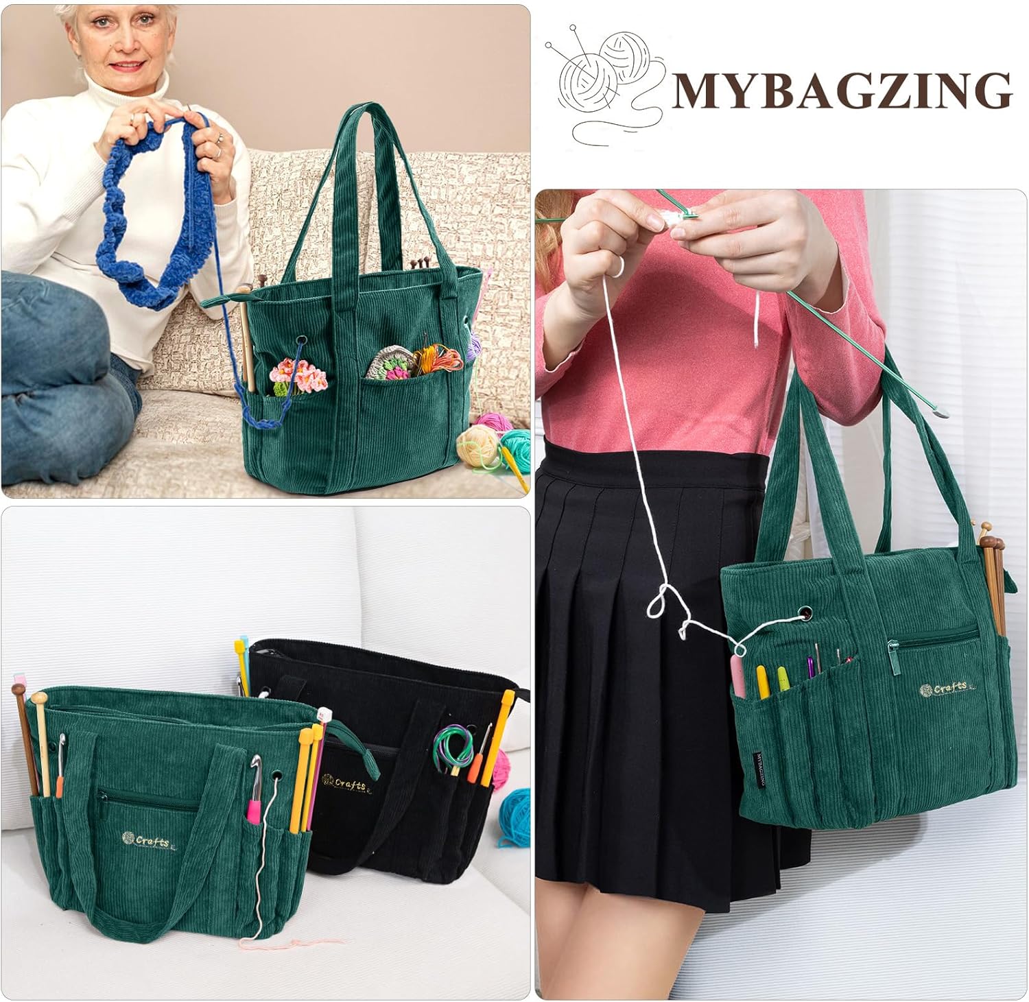 MYBAGZING Crochet Bag and Tote - Corduroy Yarn Bag - Yarn Holder for Crocheting - Crochet Storage Bag for Crochet Hooks, Crochet Accessories, Knitting Bag for Crochet Lovers, Mother's Day Gift