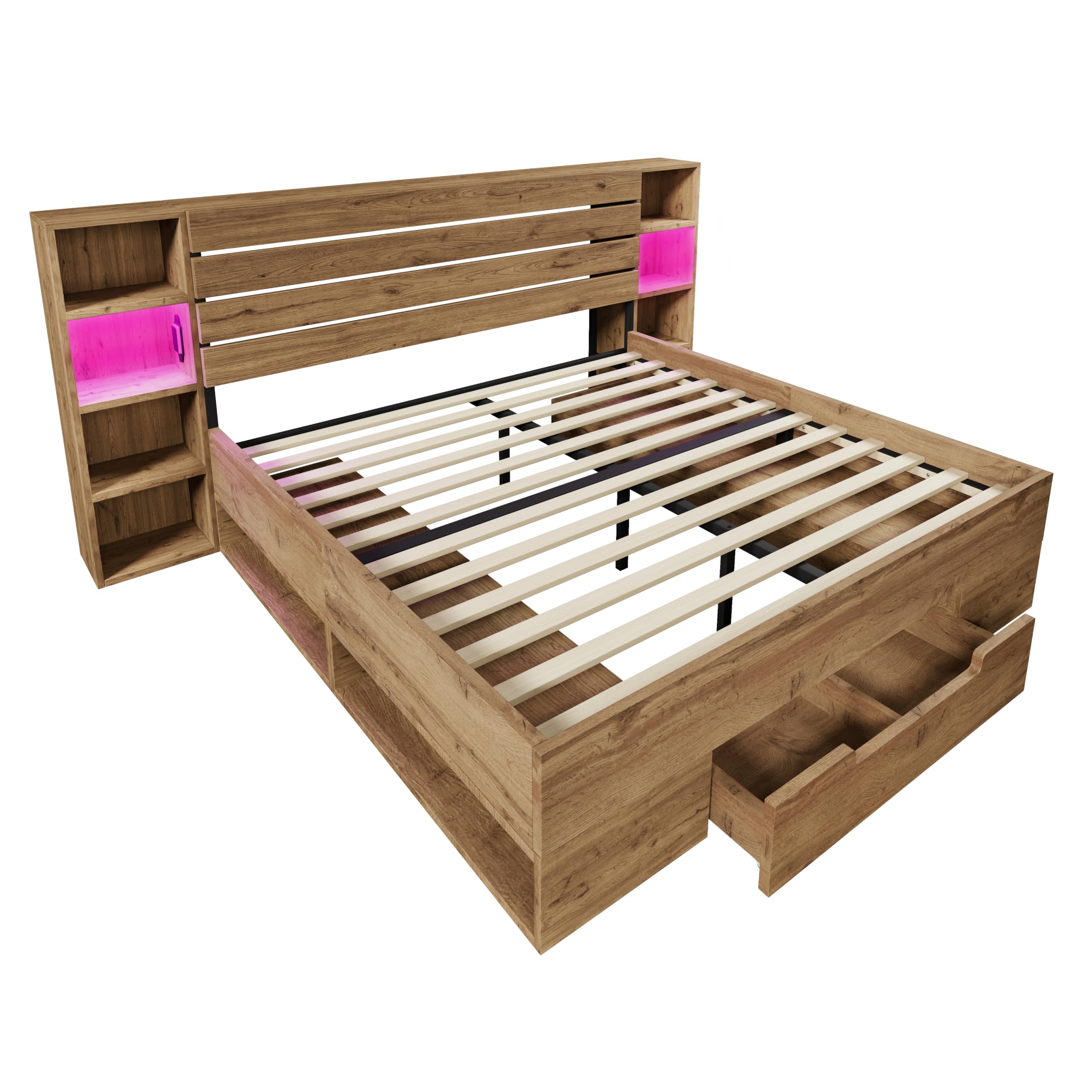 Massivholzbett 180x200 cm, Doppelbett mit Stauraum, LED-Beleuchtung & USB-C, Bett mit Kopfteil und Schubladen, Bettgestell mit Lattenrost aus Holz, Eiche, ohne Matratze