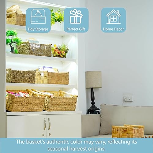 Miniatura 5 de VATIMA Cestas de almacenamiento de mimbre para organizar, cestas de jacinto de agua para estantes, cestas rectangulares naturales con asas de madera