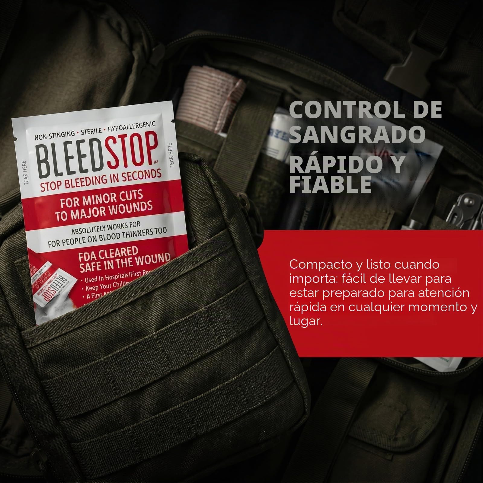 BleedStop Polvo de primeros auxilios para coagulación de la sangre, kit de traumatología para pacientes con anticoagulación, equipo de seguridad para camping y supervivencia, para heridas