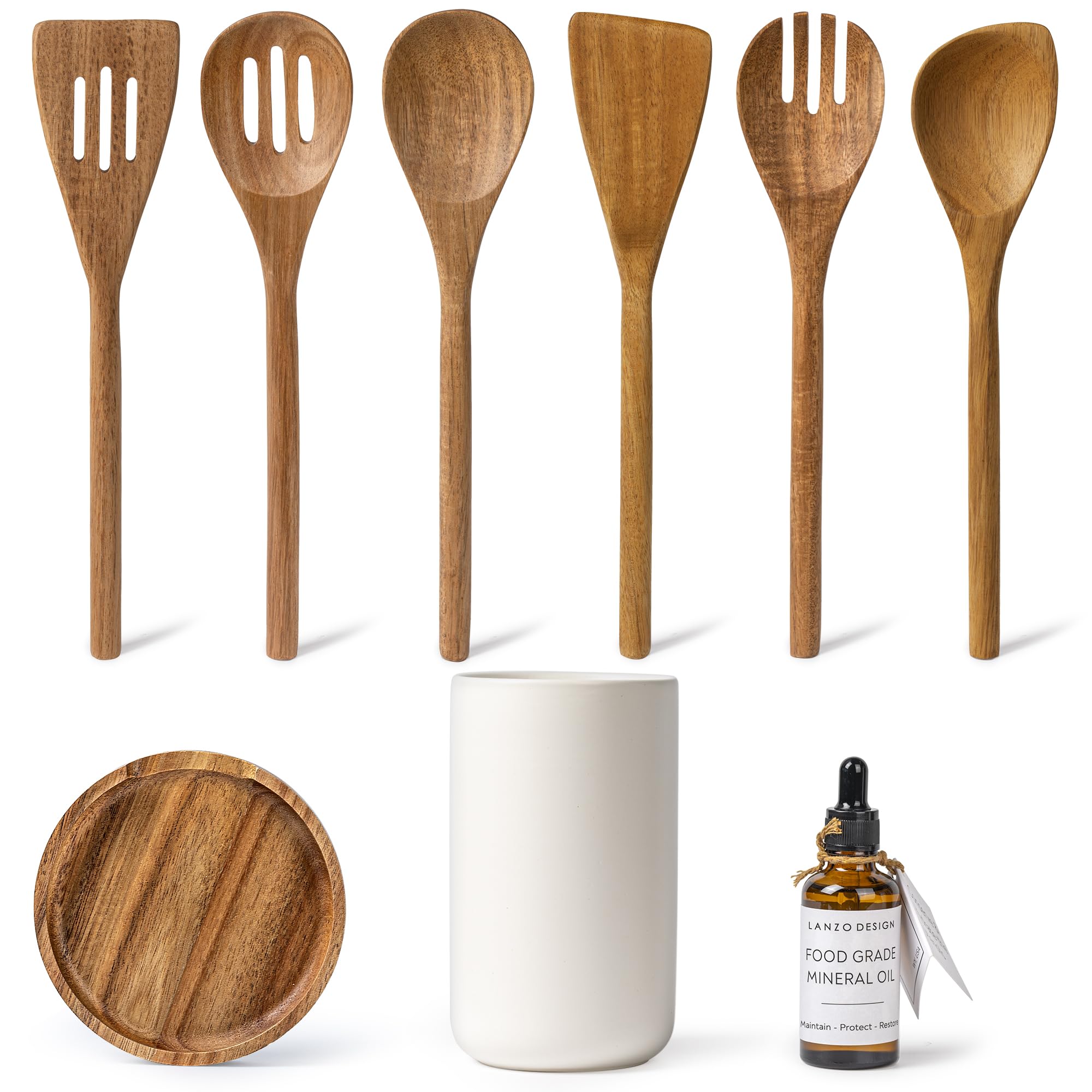 Kitchen Utensil Set, 8 Pcs Wooden Cooking Utensils Spatula Set with Ceramic Holder (White Holder)