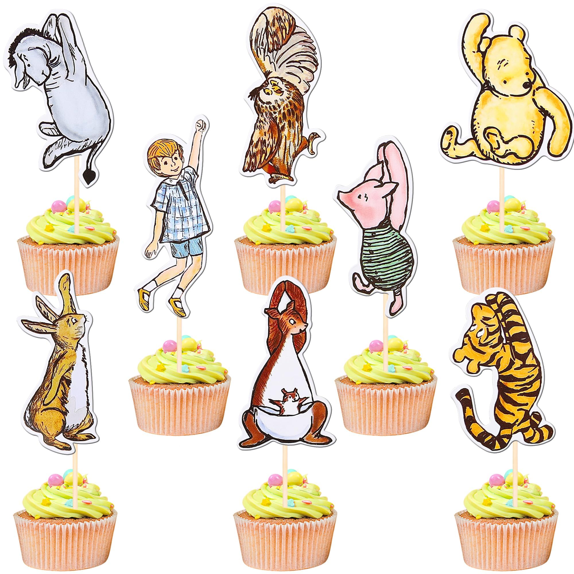 Xsstarmi40 PCS Winnie Cupcake Toppers Double Sided Classic Pooh Baby Shower Cupcake Picks Bear Kangaroo Tiger Owl Bunny Cake Decorations for Winnie Theme Baby Shower Kids Birthday Party Supplies