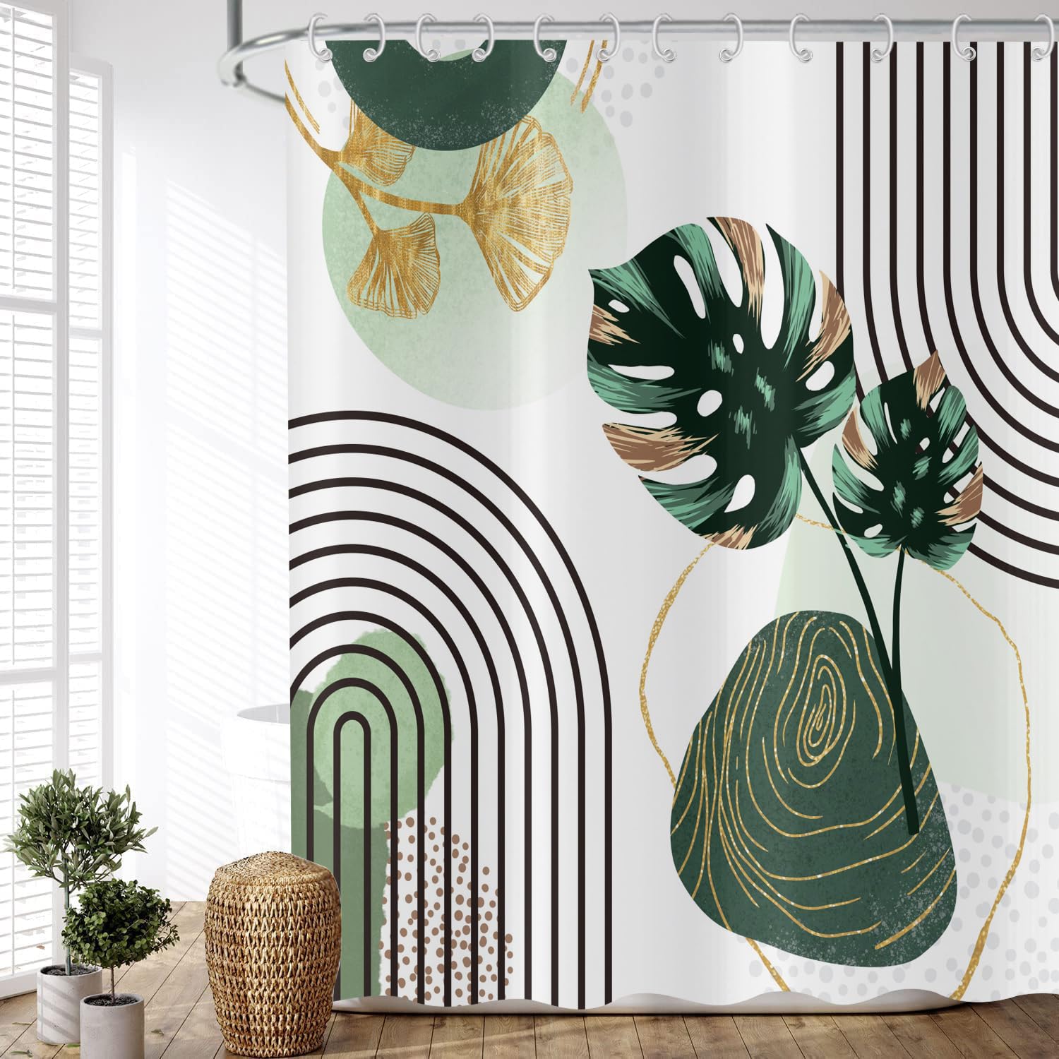 Tenda da doccia boho 180x200 cm, ASDCXZ Moderna Arte Astratta Verde Foglie Linea Sole Salvia Verde Bagno Lavabile Tende da Doccia in Poliestere