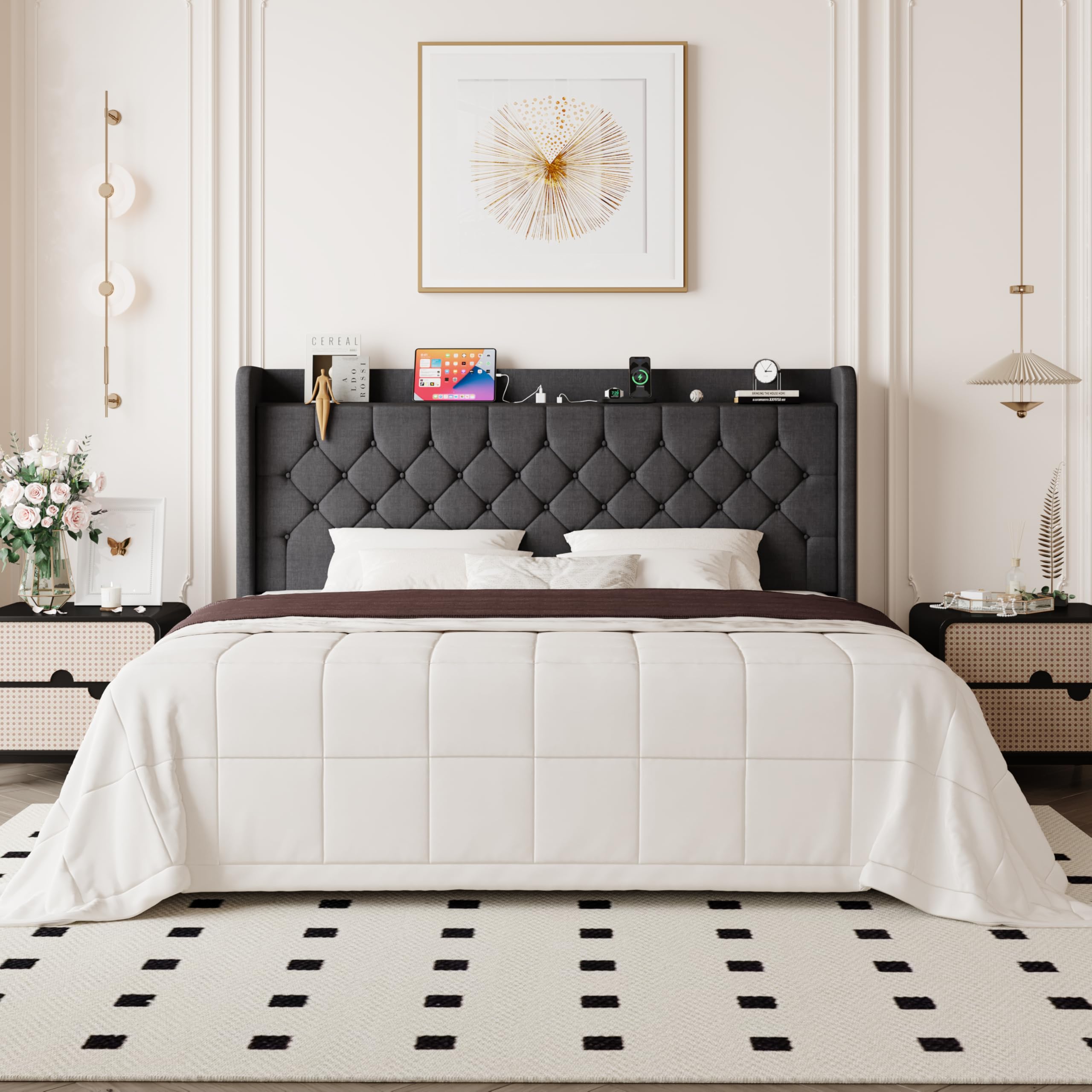 Allewie King Size Bed Frame Storage Headboard with Charging Station Wingback Linen Upholstered Diamond Stitched Button Tufted Sturdy