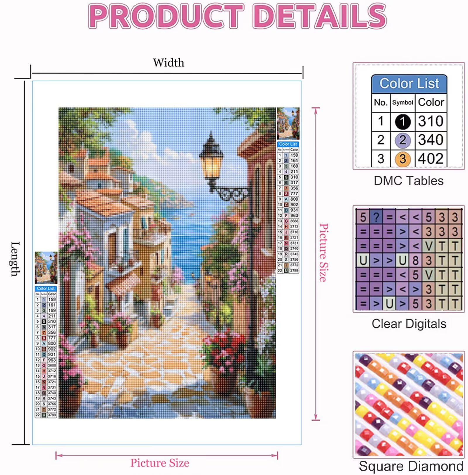 Haft diamentowy pełny zestaw dla dorosłych Santorini, 5D diamentowe malarstwo pejzaż 60 x 80 cm, diamentowe malowanie rzemiosło kwadratowe cyrkonie, DIY ręczna aktywność dla dorosłych, prezent do