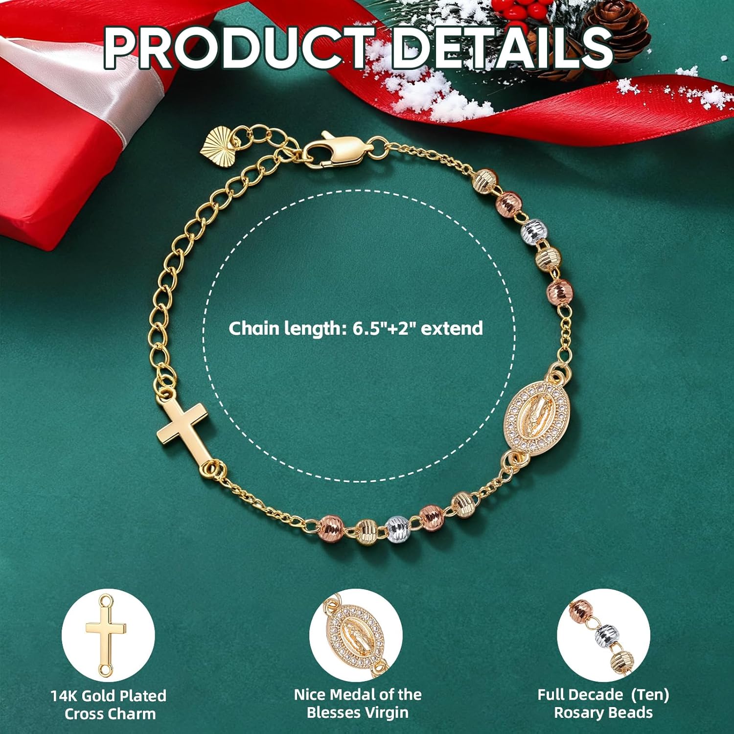 Religious Gift Rosary Bracelet for Women-14K gold plated Virgen de Guadalupe Rosary Beads Cross Charm Link Chain, Dainty Virgin Mary Catholic Gifts for Confirmation Baptism First Communion Godmother - Image 4