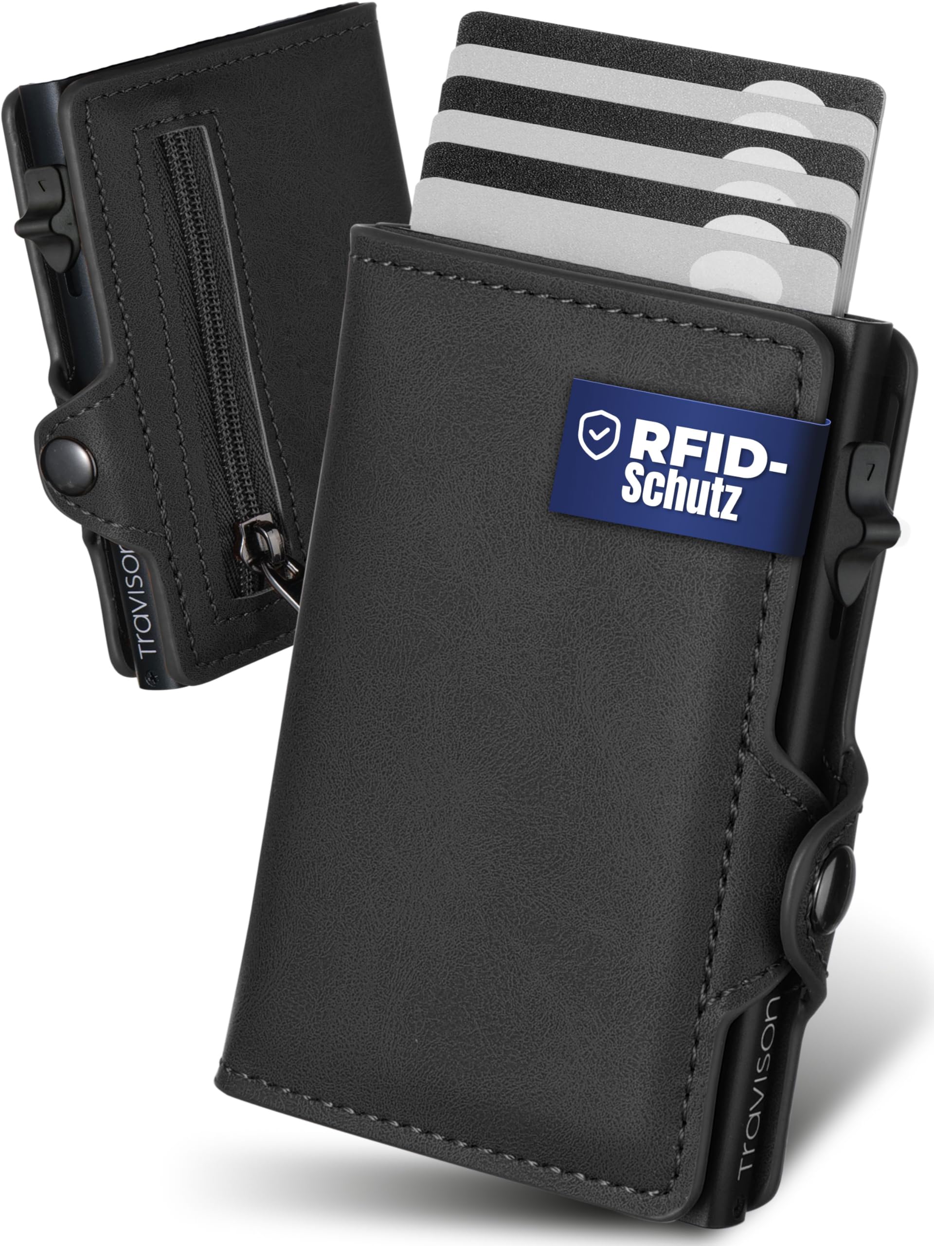 Travison® SMART Wallet mit Münzfach und Geldscheinfach - Kartenetui mit Münzfach und Schnellzugriff - RFID-Schutz - Herren Geldbörse klein - Kreditkartenetui - Geldbörse mini (Schwarz)