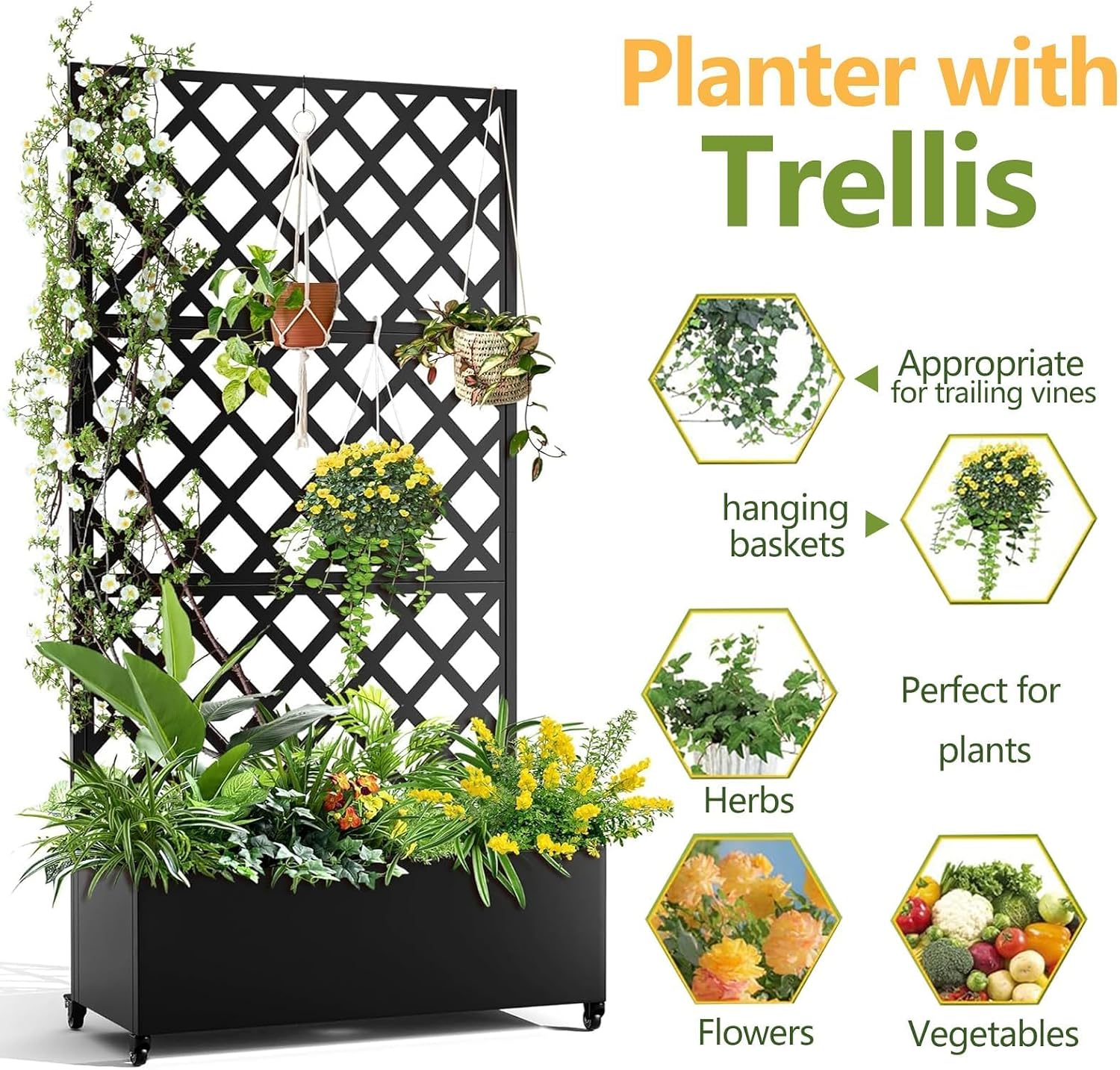 IDEALHOUSE 72"x47" Galvanized Raised Garden Bed with Diamond Trellis, 12" Deep Planter Box on Locking Wheels, Drainage Holes for Climbing Plants, Flowers, Patio, Balcony & Small Spaces, Black