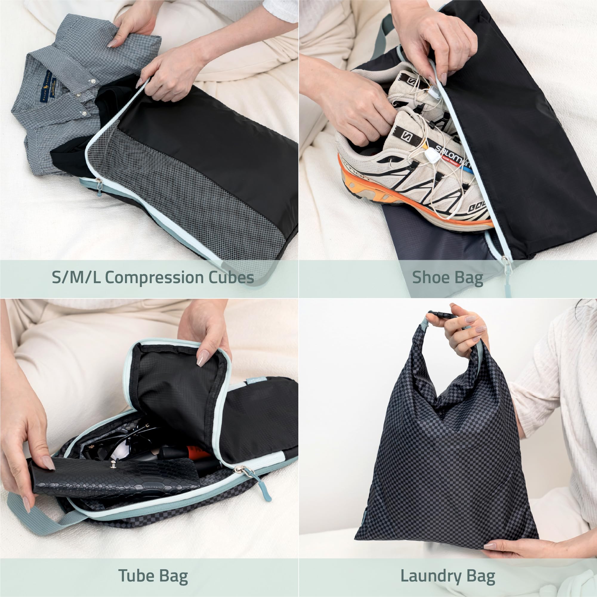 Set mit 8 Kompressions-Verpackungswürfeln für Reisezubehör, erweiterbare Taschen für Kleidung, Toilettenartikel, Rucksäcke, Organisation von wichtigen Gegenständen (schwarz und grau)