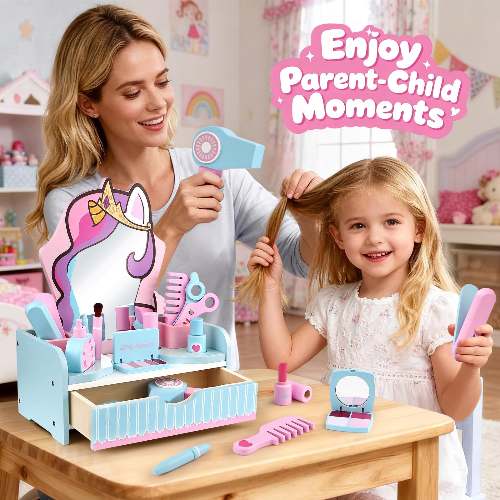 Unicorno Postazione Trucco in Legno, Trucchi Bambina Toeletta con Specchiera Cassetti Set & Parrucchiera Bambina Bellez Accessori Unicorno Giochi Giocattoli Regalo per Bambini Ragazza 3 4 5 6 7 Anni