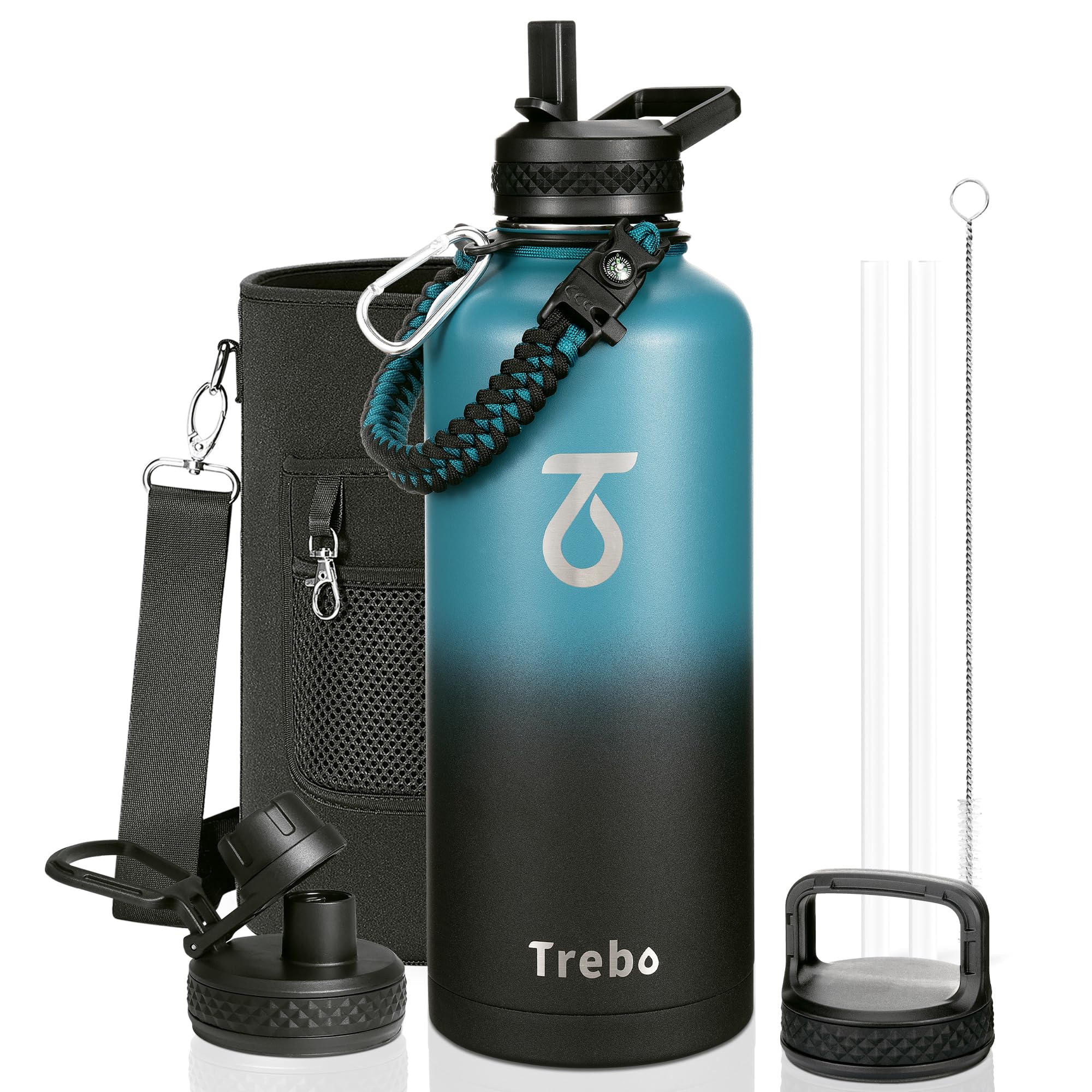 Trebo Botella de agua de 87 onzas con mango de paracaídas, de acero inoxidable al vacío de doble pared de grado alimenticio con tapas de mango de boquilla de pajilla, a prueba de fugas, mantiene frío