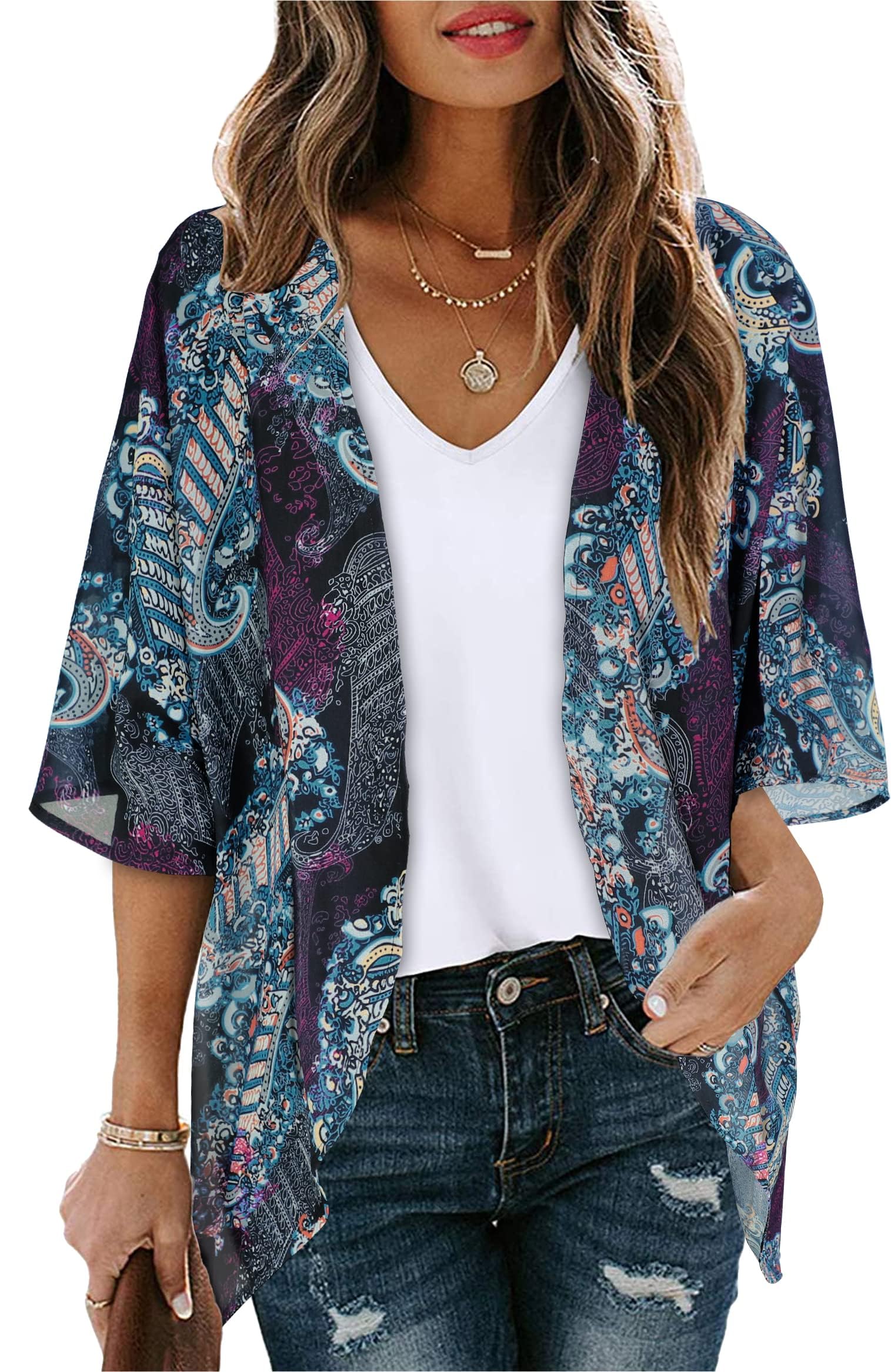 Gosunny Damen Tops Floral Bedruckte Sommer Offene Vorderseite Strickjacke Strand Kimono(Boho Lila,S)