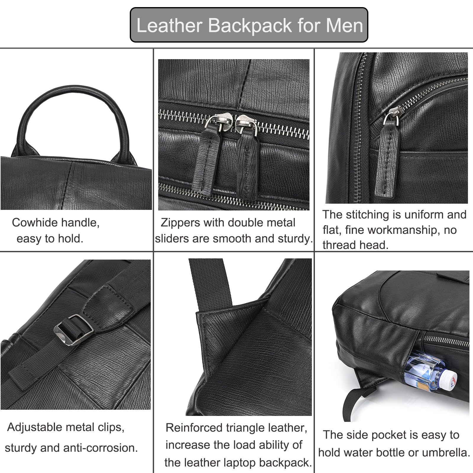 LUUFAN Borsa a tracolla in vera pelle per uomo, zaino casual con tasche multiple da 15,6 pollici, borsa per laptop per viaggi, lavoro all'aperto, nero