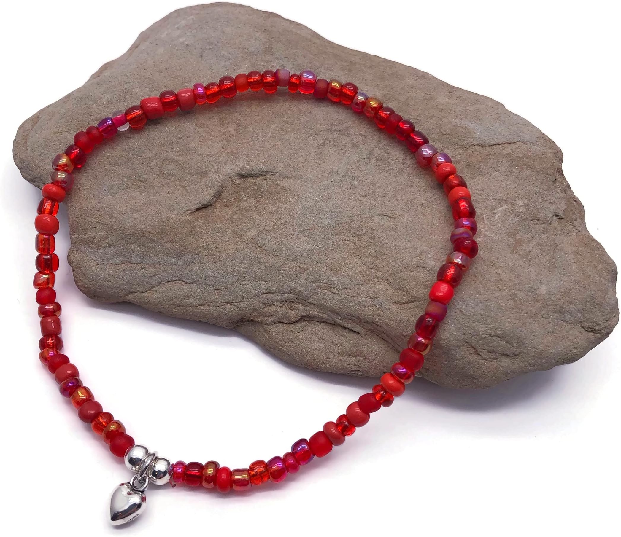 Glass Seed Bead Anklet with Silver Tone Heart Charm - Colour and Size Choice - Child, Adult and Plus Sizes Available