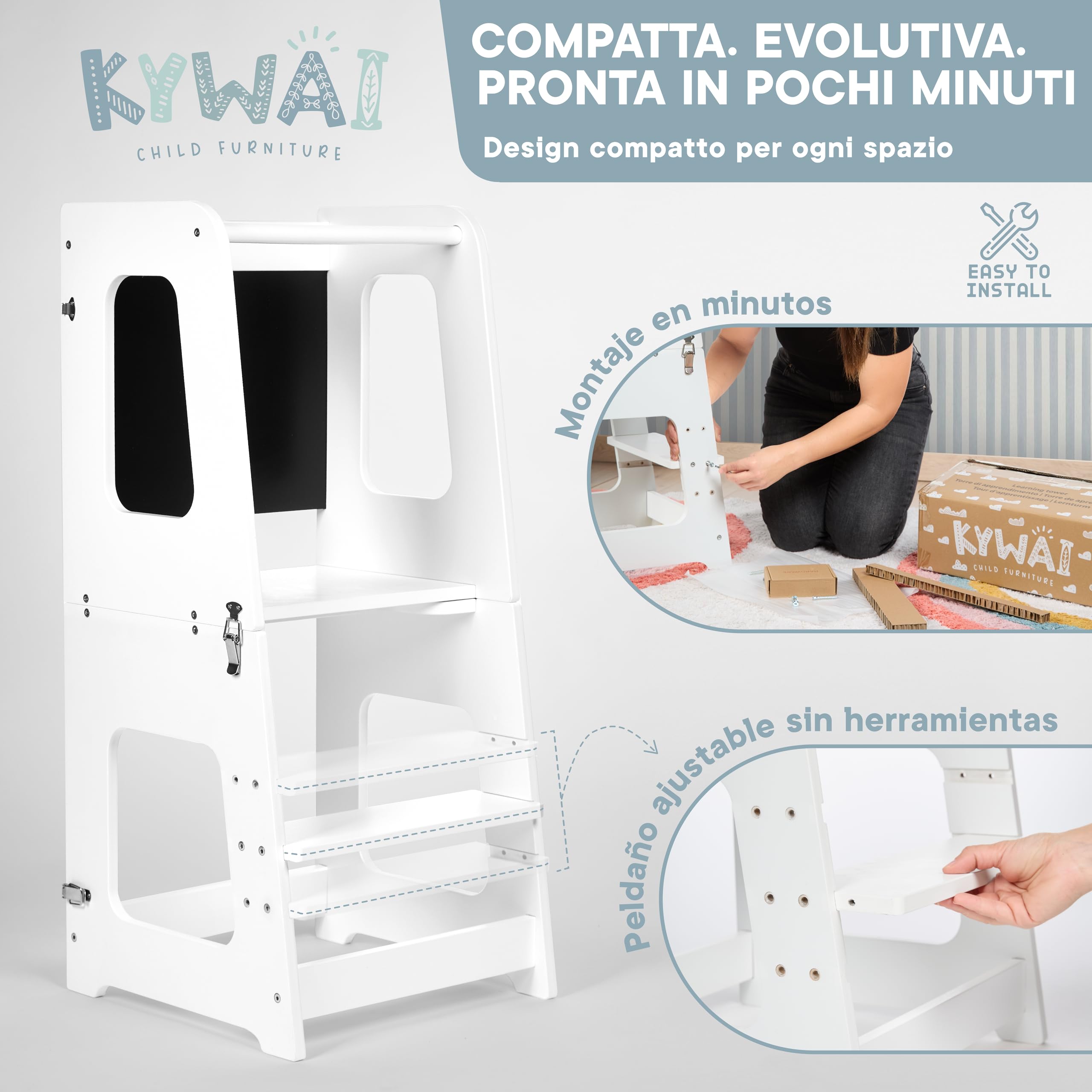 Torre Montessoriana Bambini Premium 3 en 1 Convertibile in Scrivania e Sgabello - Torre Montessoriana Pieghevole - Azienda Sostenibile Impegnata nella Riforestazione, Struttura Solida (Bianco)