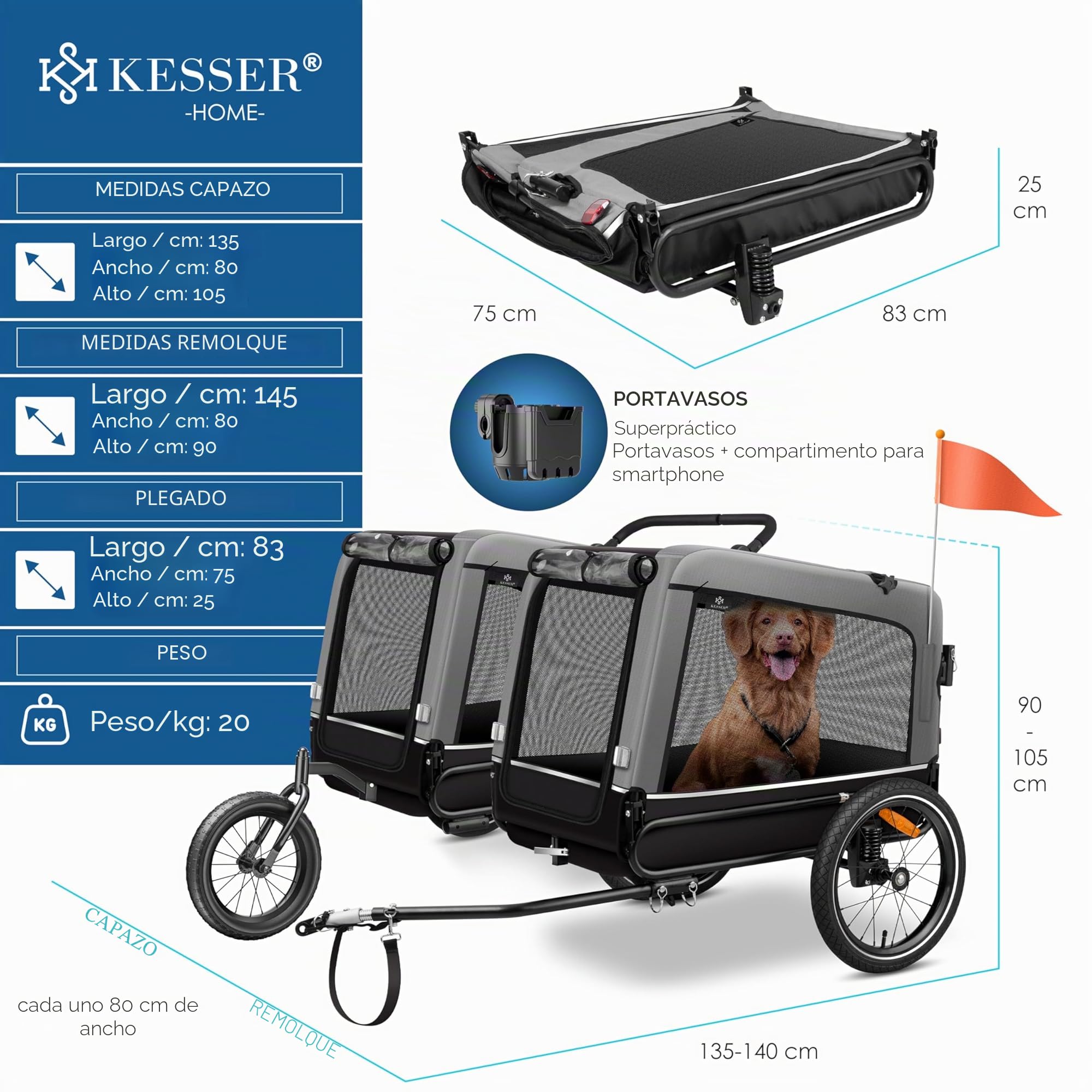 KESSER® Remolque para Perros 3-en-1 Buggy & Jogger Remolque para Bicicletas Grande Aprox. 240 litros de Volumen, montado sobre muelles, Material: Lona Oxford 600D, Carga máxima: 40 kg