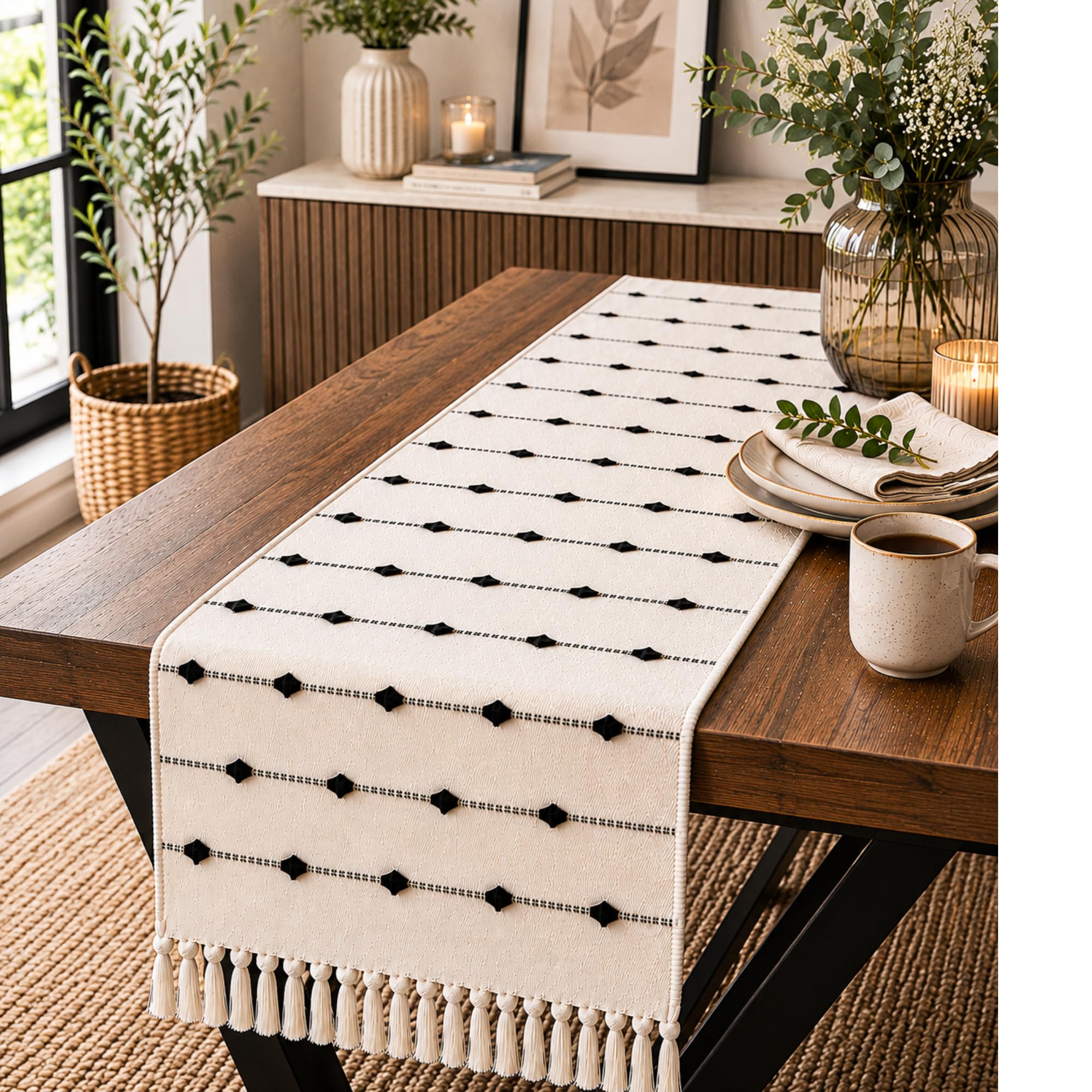 Elegant Cotton Table Runner - Beige Striped -13